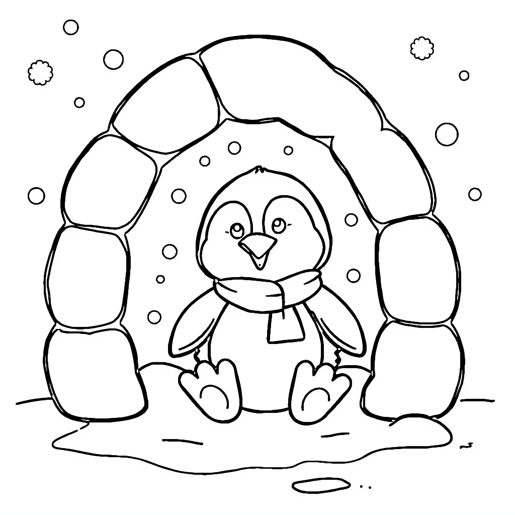 Penguin enjoying the snowy landscape Coloring Page (free black-and-white line drawing printable PDF for all, from beginners to advanced learners, including children, teens, adults, and seniors)