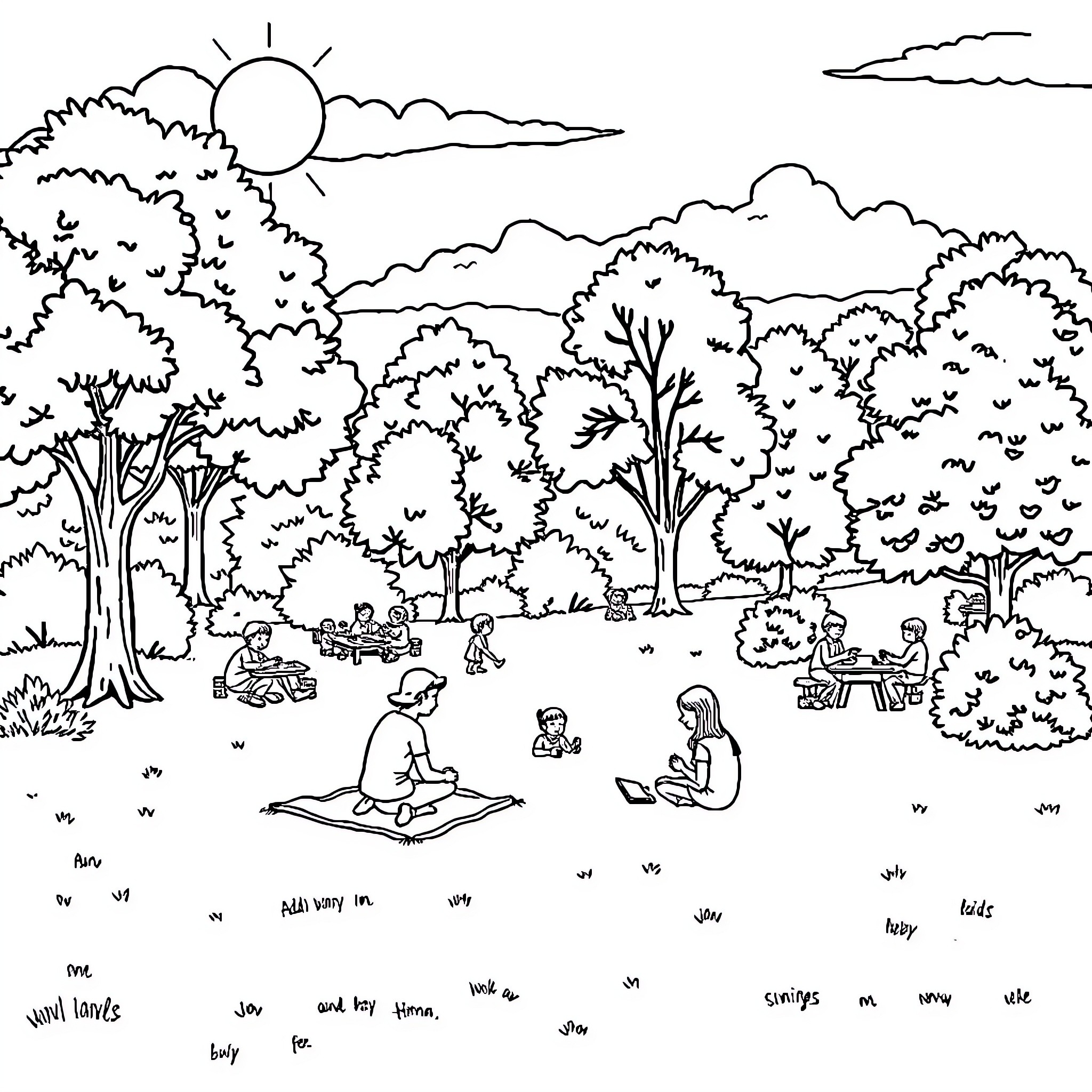 Park with people enjoying activities on a sunny day Coloring Page (free black-and-white line drawing printable PDF for all, from beginners to advanced learners, including children, teens, adults, and seniors)
