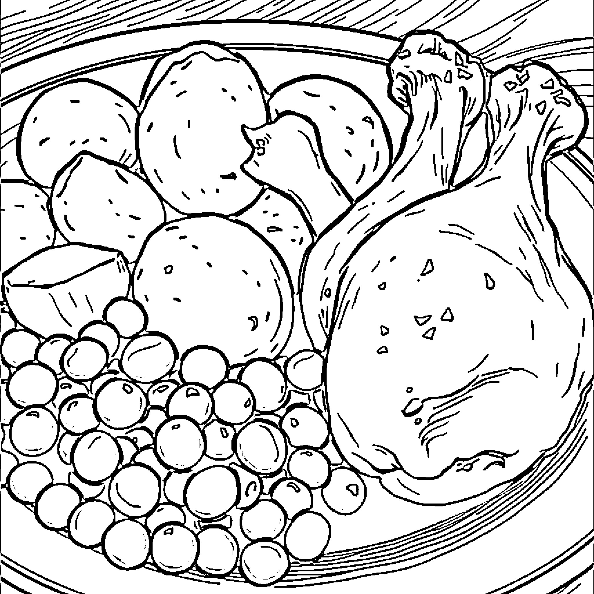 Dish of Assorted Fruits and Vegetables Coloring Page (free black-and-white line drawing printable PDF for all, from beginners to advanced learners, including children, teens, adults, and seniors)