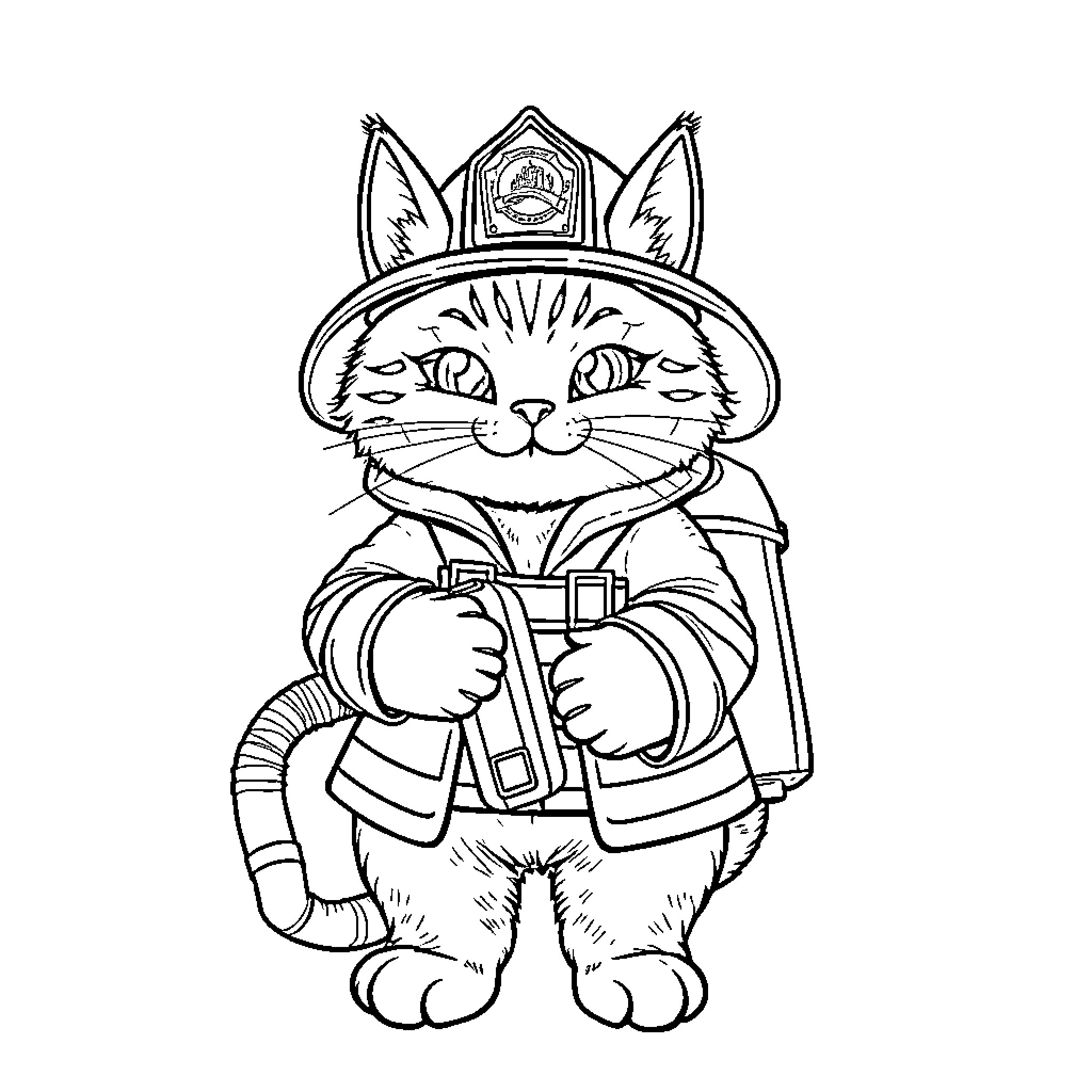 Cat firefighter in uniform and helmet Coloring Page (free black-and-white line drawing printable PDF for all, from beginners to advanced learners, including children, teens, adults, and seniors)