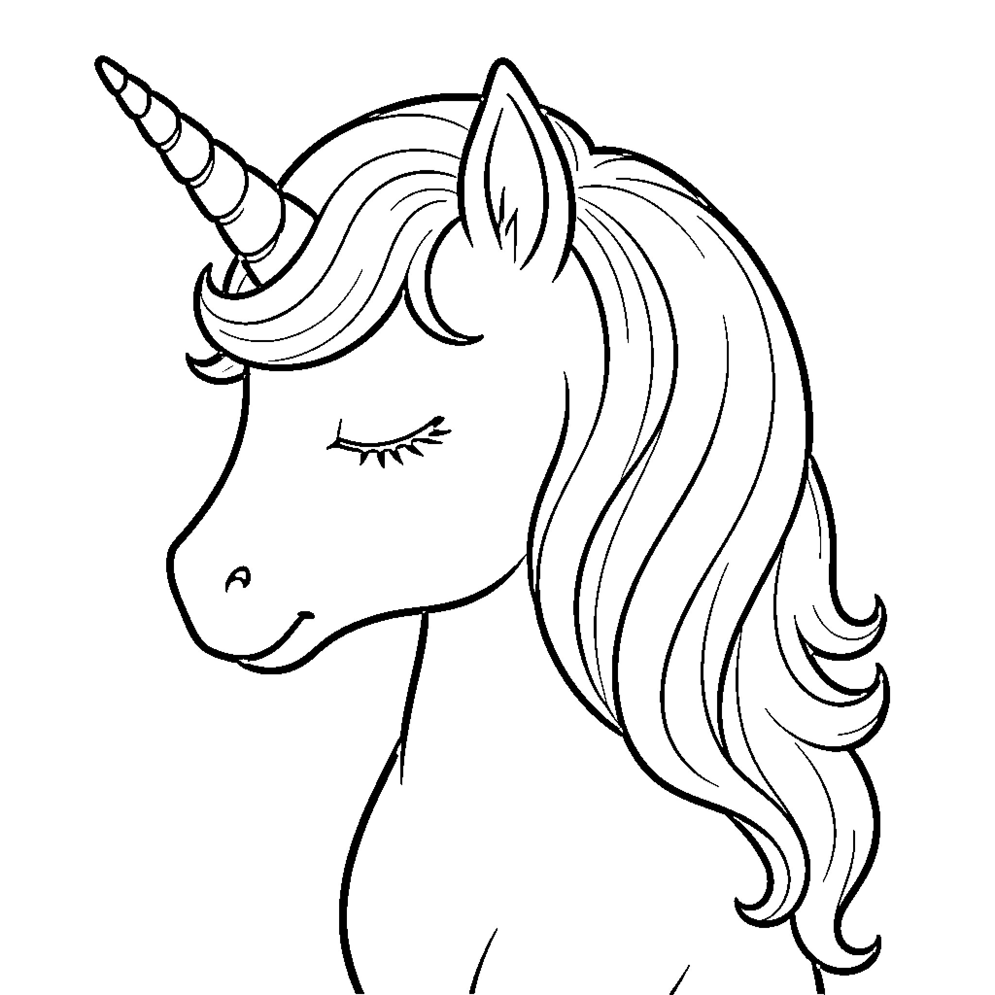 Unicorn with flowing mane and serene expression Coloring Page (free black-and-white line drawing printable PDF for all, from beginners to advanced learners, including children, teens, adults, and seniors)