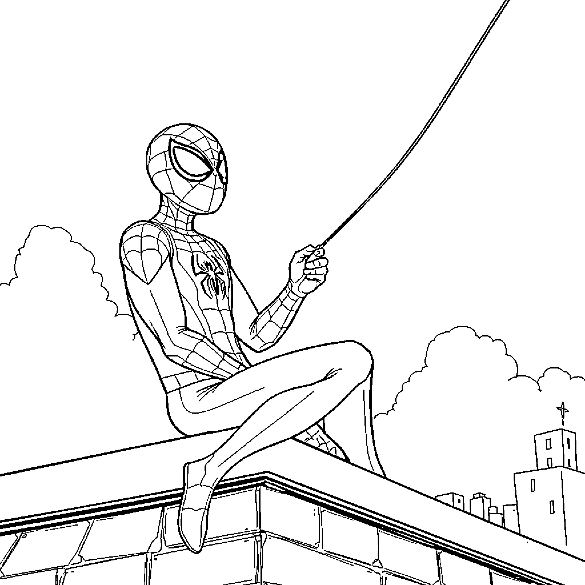 Spiderman sitting on a building, ready for action Coloring Page (free black-and-white line drawing printable PDF for all, from beginners to advanced learners, including children, teens, adults, and seniors)