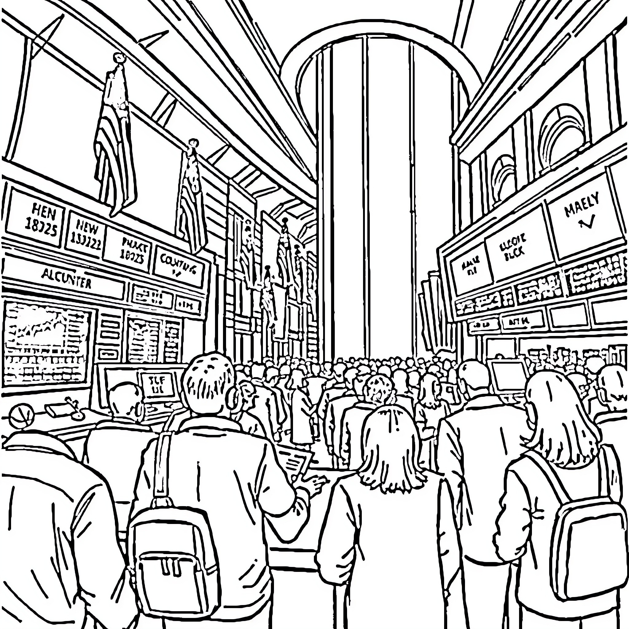 Stock Market Crowd in Bustling Financial District Coloring Page (free black-and-white line drawing printable PDF for all, from beginners to advanced learners, including children, teens, adults, and seniors)