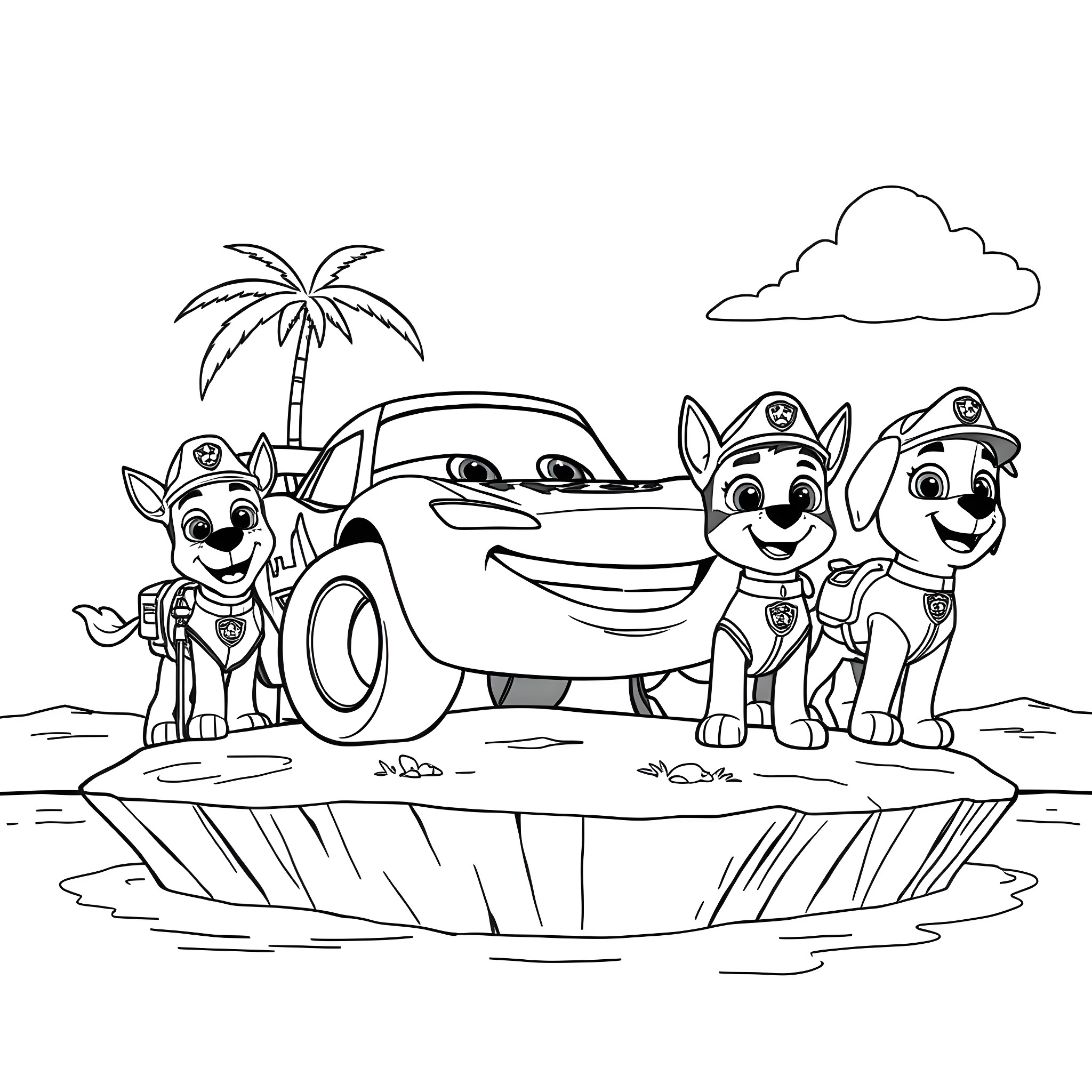Lightning McQueen and Paw Patrol pups on an adventure Coloring Page (free black-and-white line drawing printable PDF for all, from beginners to advanced learners, including children, teens, adults, and seniors)