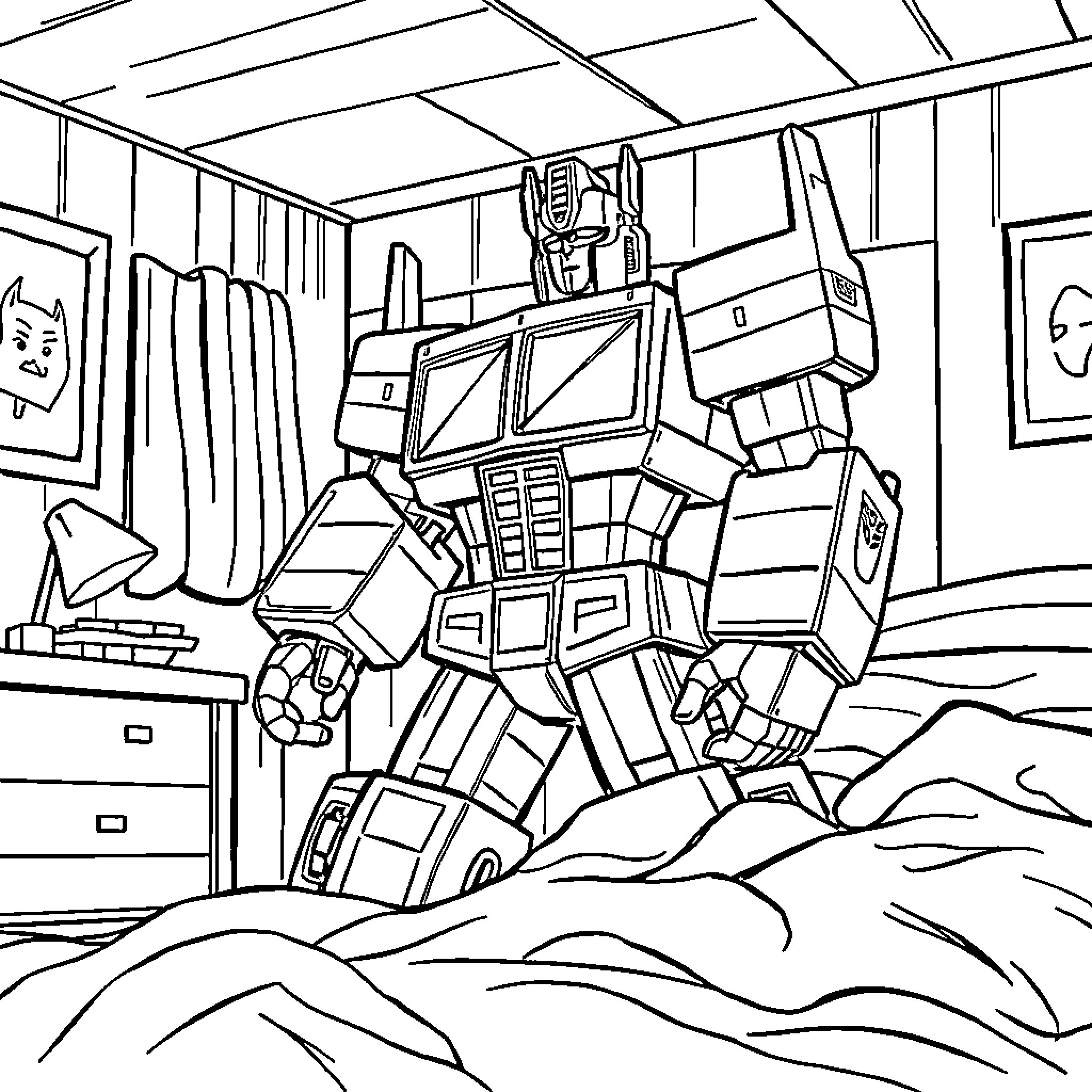 Optimus Prime battling in a bedroom environment Coloring Page (free black-and-white line drawing printable PDF for all, from beginners to advanced learners, including children, teens, adults, and seniors)