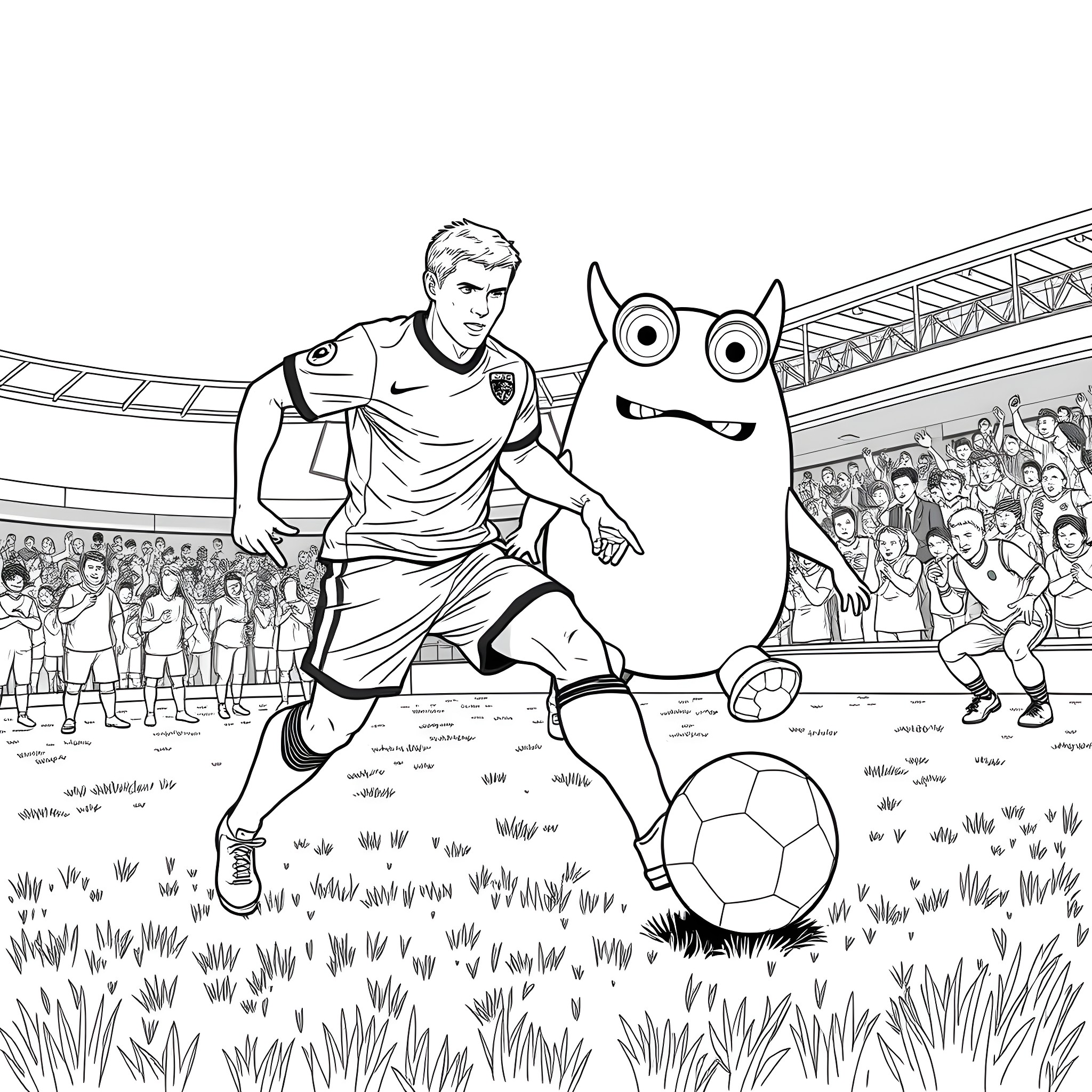 Footballer dribbling the ball past a monster mascot on the field Coloring Page (free black-and-white line drawing printable PDF for all, from beginners to advanced learners, including children, teens, adults, and seniors)