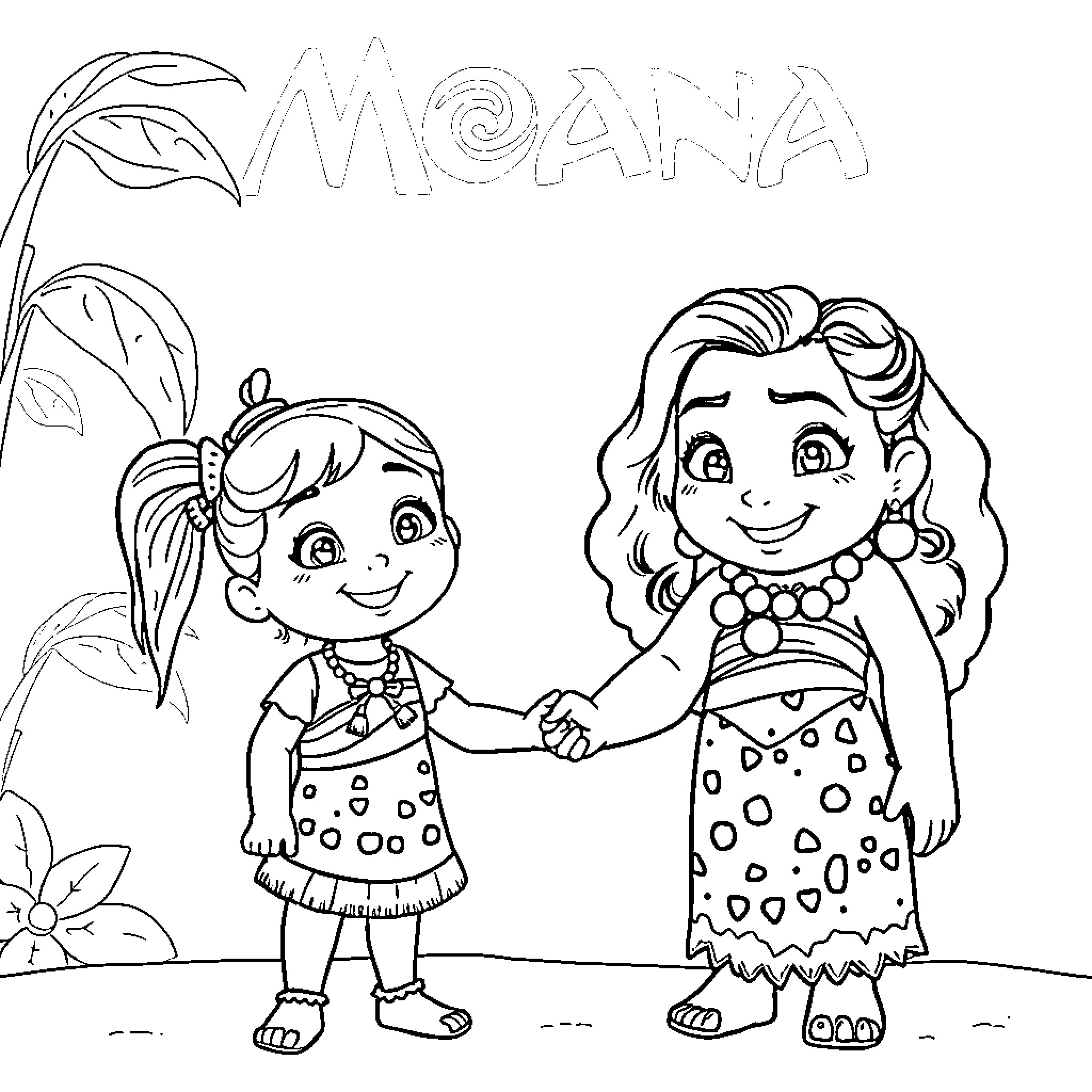 Moana with her young friend in nature Coloring Page (free black-and-white line drawing printable PDF for all, from beginners to advanced learners, including children, teens, adults, and seniors)