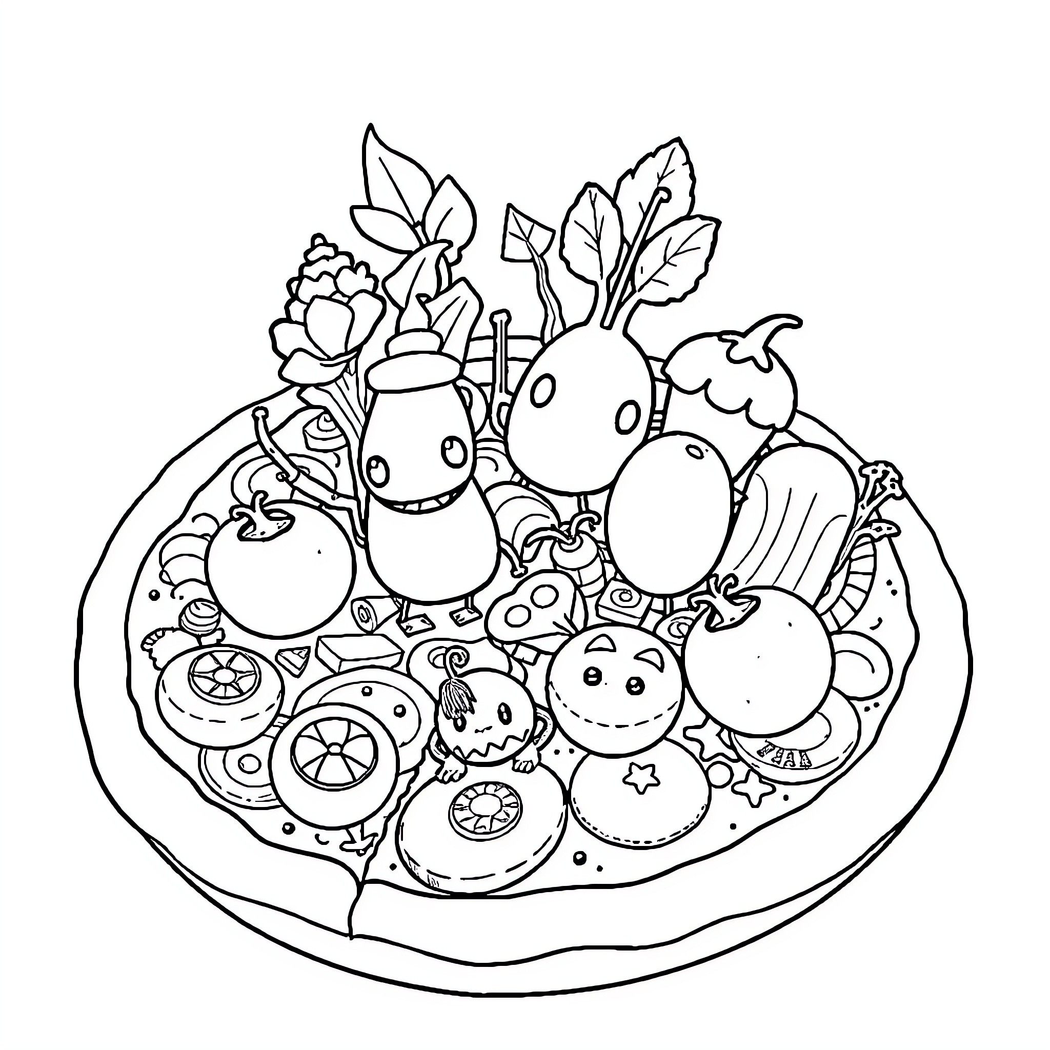 Pikmin playing in a whimsical, imaginative scene Coloring Page (free black-and-white line drawing printable PDF for all, from beginners to advanced learners, including children, teens, adults, and seniors)