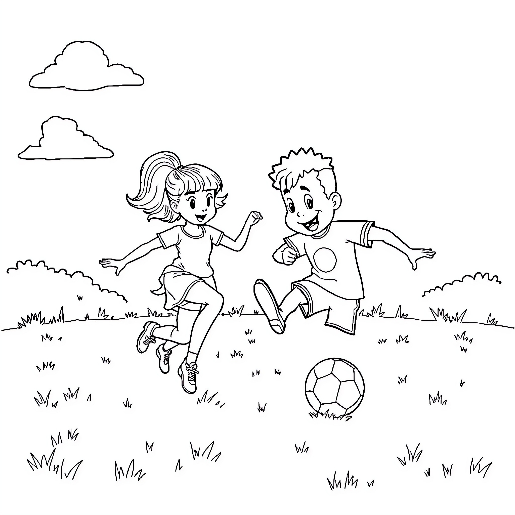 Rutina: Children Playing Soccer in the Park Coloring Page (free black-and-white line drawing printable PDF for all, from beginners to advanced learners, including children, teens, adults, and seniors)
