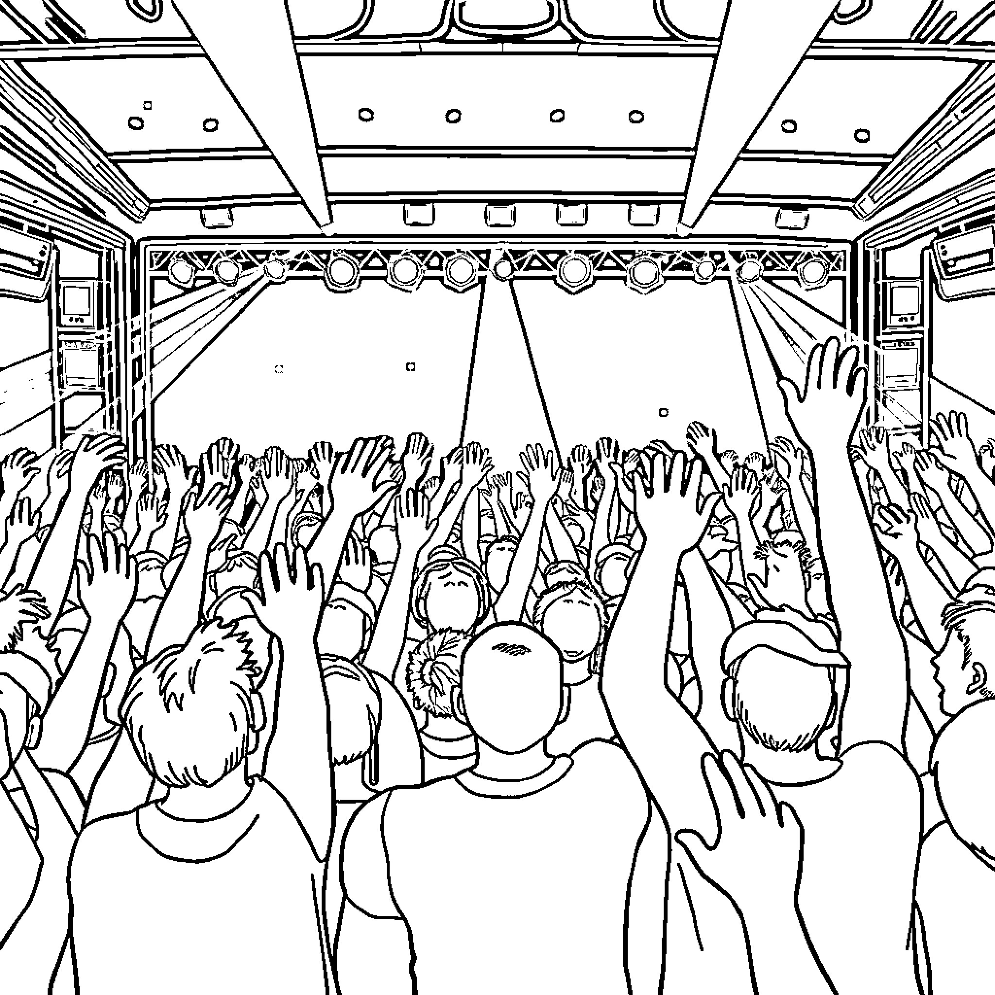 Crowd cheering and applauding at a concert Coloring Page (free black-and-white line drawing printable PDF for all, from beginners to advanced learners, including children, teens, adults, and seniors)