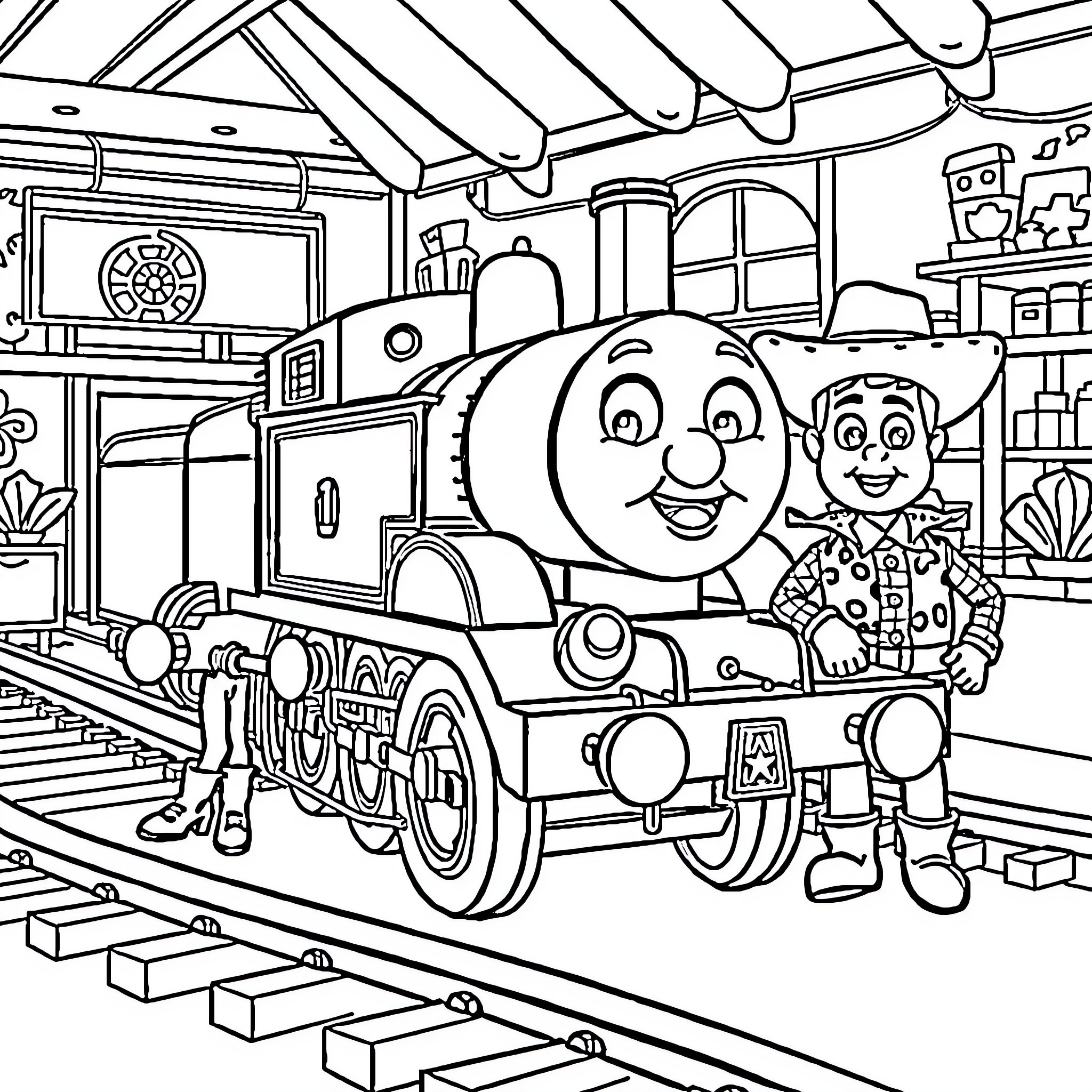 Thomas the Train and Cowboy Friend in Cozy Train Station Coloring Page (free black-and-white line drawing printable PDF for all, from beginners to advanced learners, including children, teens, adults, and seniors)