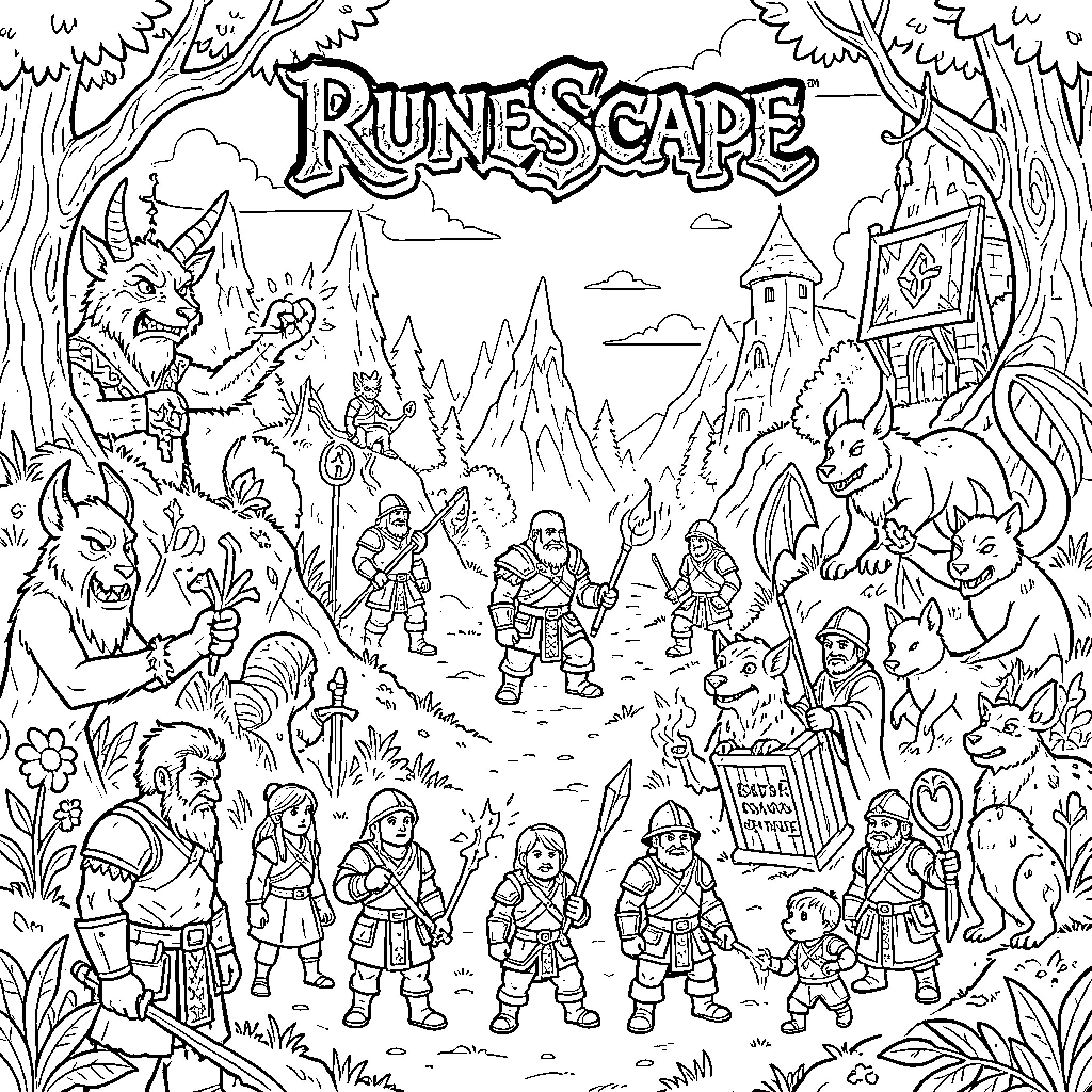 RuneScape - Adventurers Exploring the Fantastical Realm Coloring Page (free black-and-white line drawing printable PDF for all, from beginners to advanced learners, including children, teens, adults, and seniors)