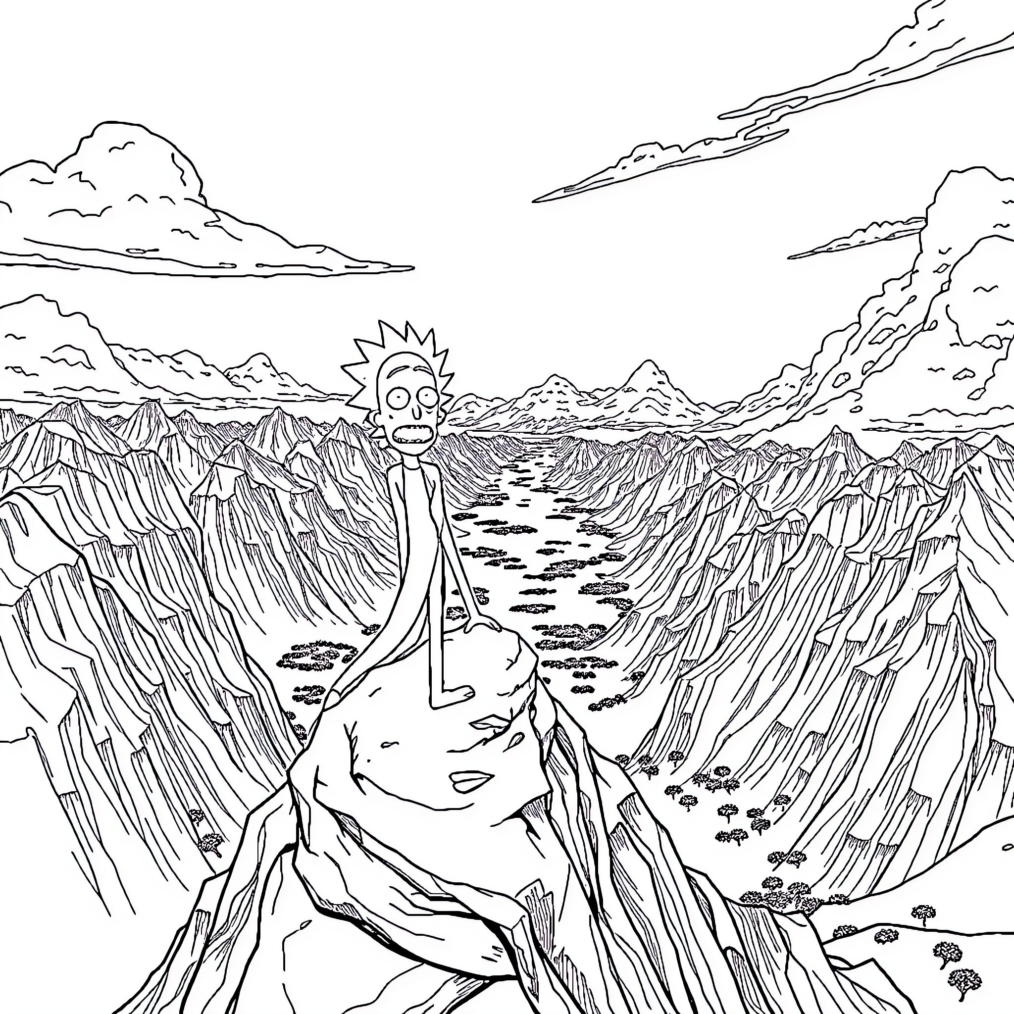 Rick And Morty in a Surreal Alien Landscape Coloring Page (free black-and-white line drawing printable PDF for all, from beginners to advanced learners, including children, teens, adults, and seniors)
