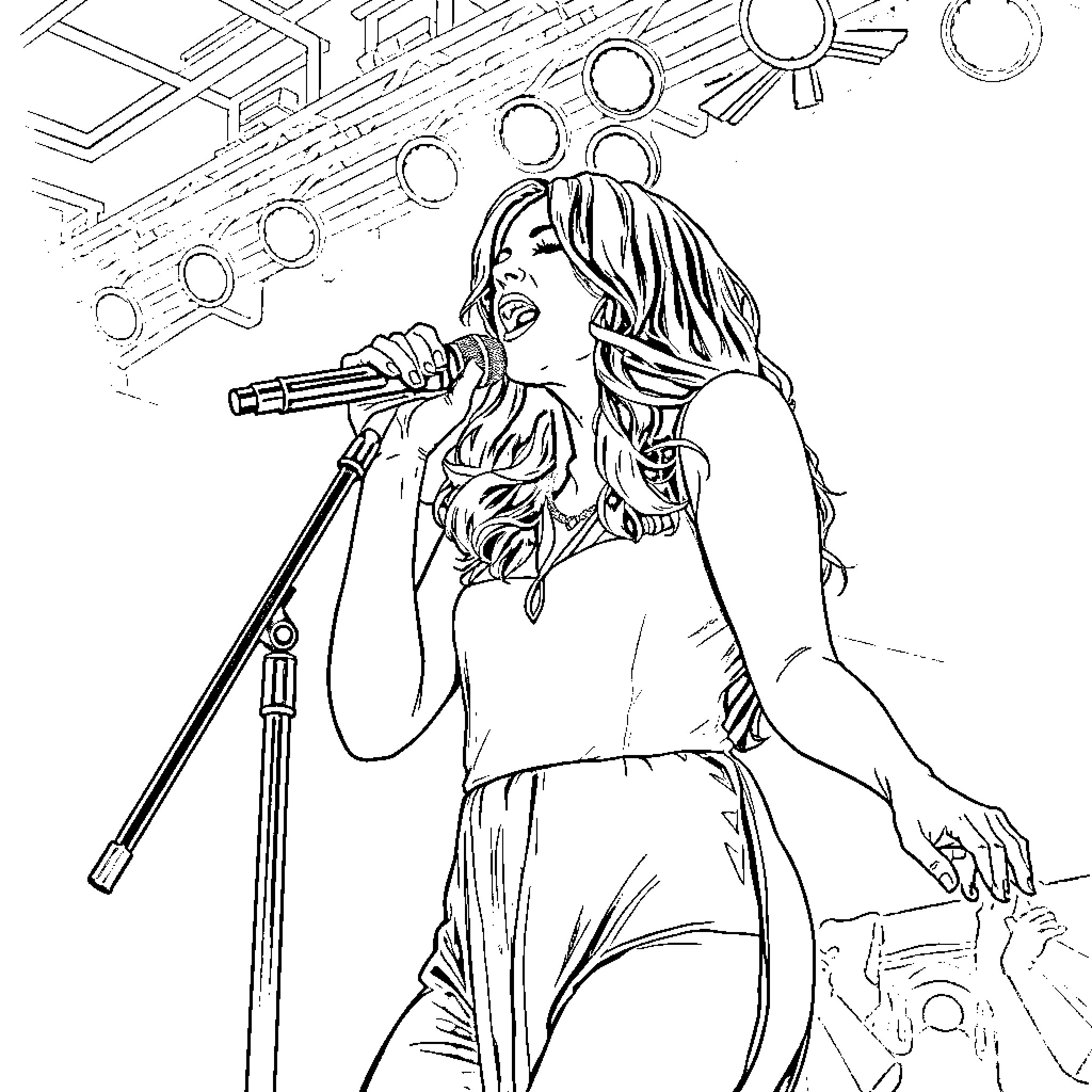 Lana Del Rey Performing on Stage Coloring Page (free black-and-white line drawing printable PDF for all, from beginners to advanced learners, including children, teens, adults, and seniors)