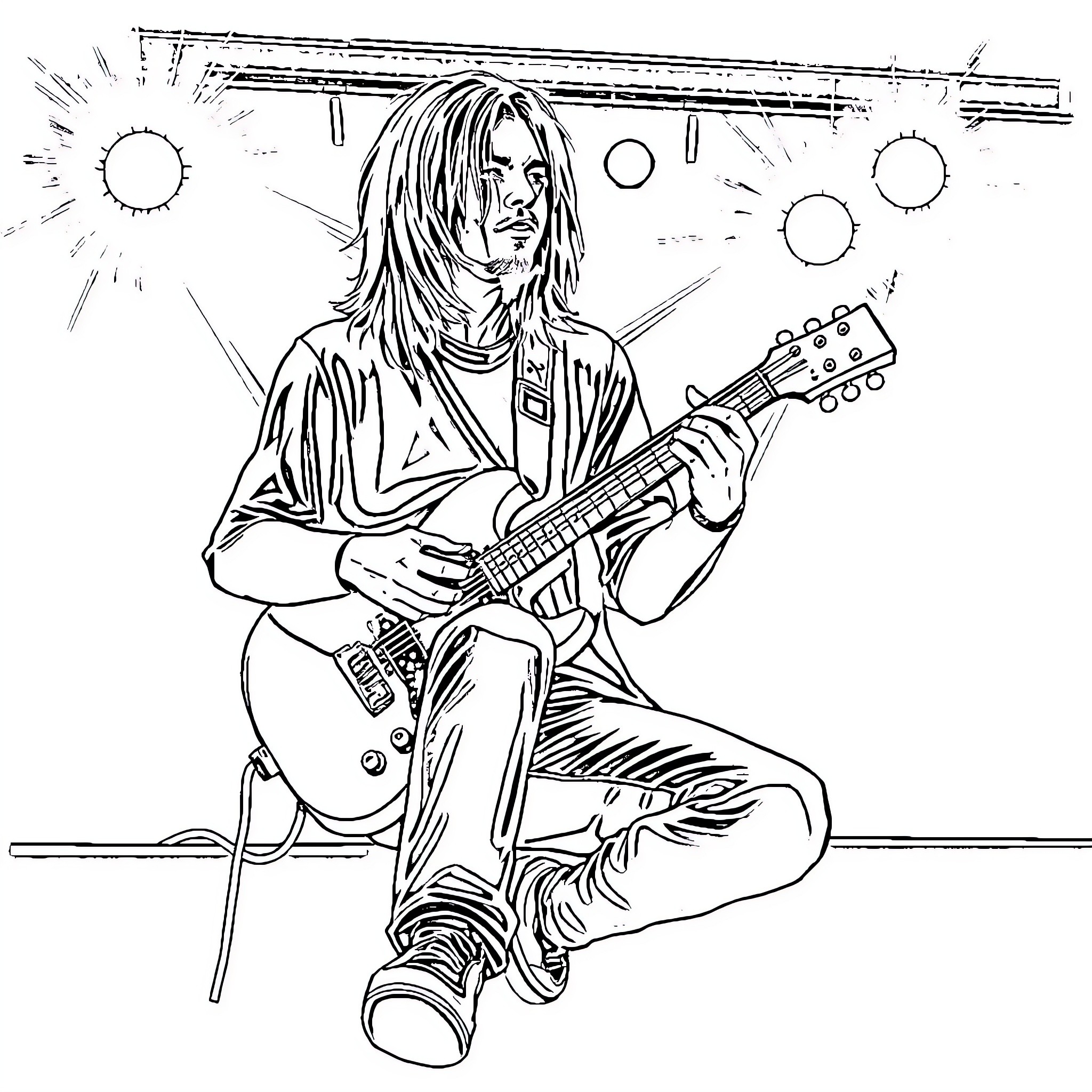 Kurt Cobain playing guitar on stage Coloring Page (free black-and-white line drawing printable PDF for all, from beginners to advanced learners, including children, teens, adults, and seniors)