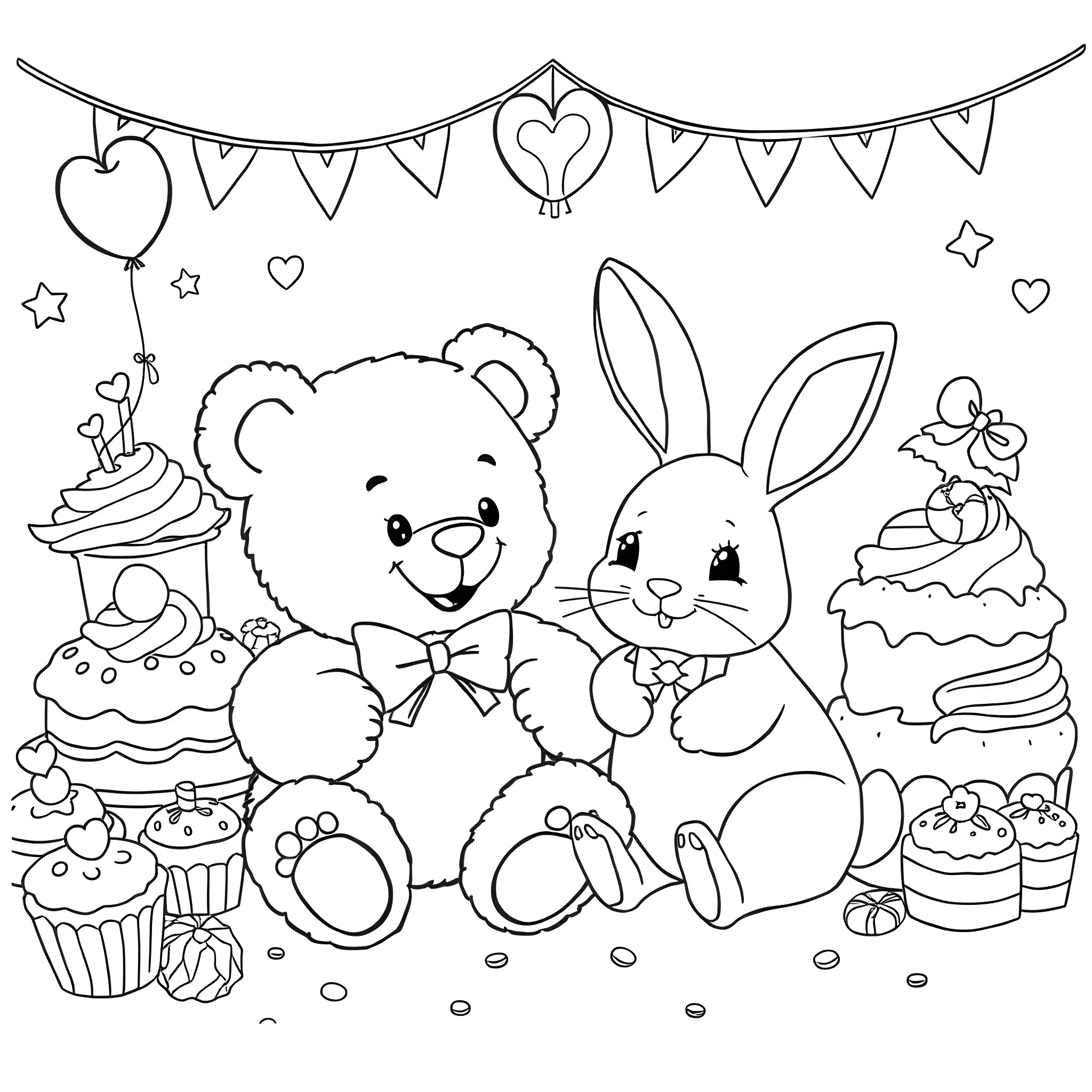 Jelly Roll Stuffed Animals and Sweets Celebration Coloring Page (free black-and-white line drawing printable PDF for all, from beginners to advanced learners, including children, teens, adults, and seniors)