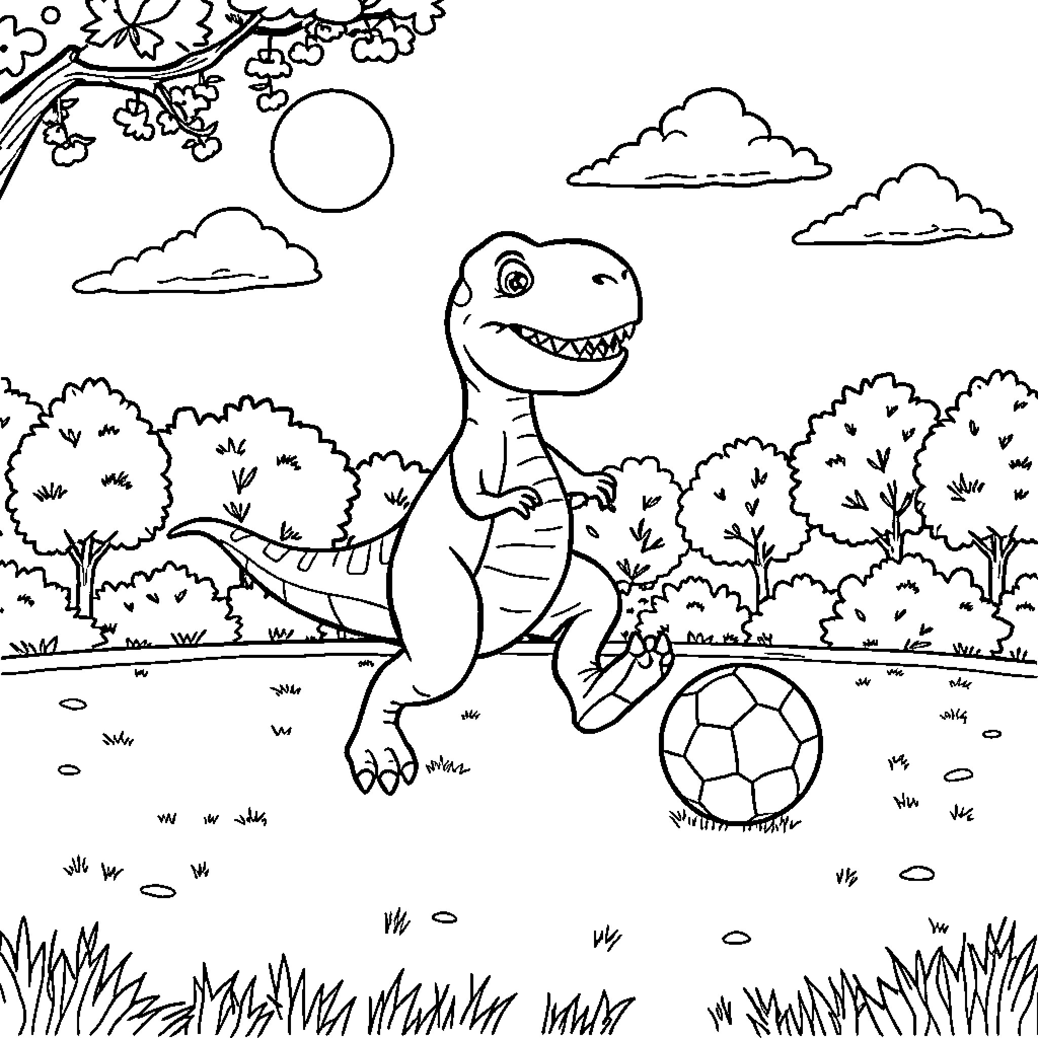Dino playing joyfully with soccer ball in nature Coloring Page (free black-and-white line drawing printable PDF for all, from beginners to advanced learners, including children, teens, adults, and seniors)