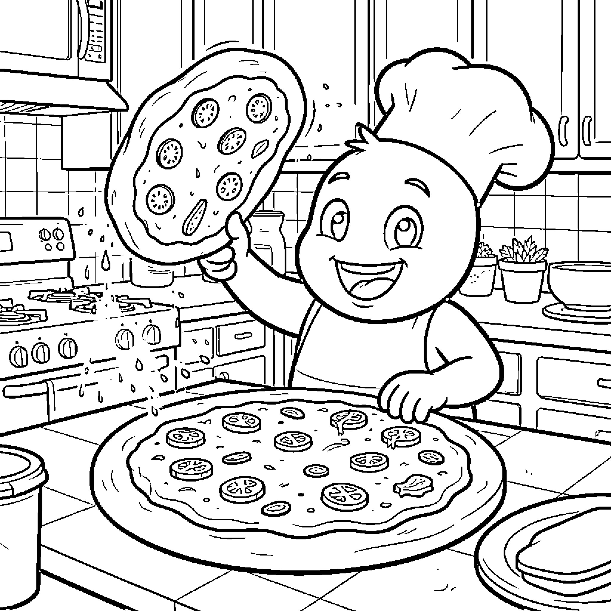 Buzz happy chef tossing pizza dough in kitchen Coloring Page (free black-and-white line drawing printable PDF for all, from beginners to advanced learners, including children, teens, adults, and seniors)