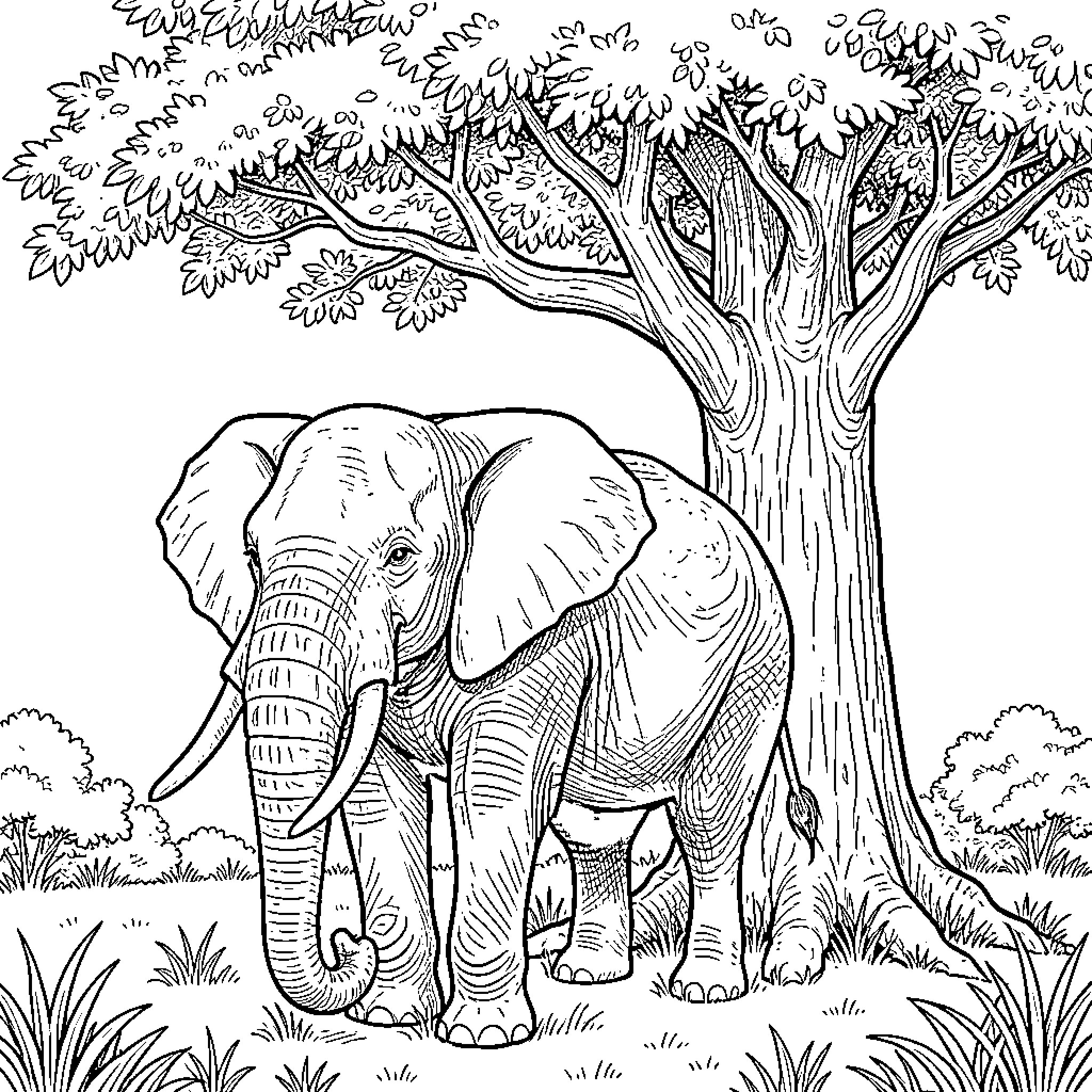 Elephant standing under a tree Coloring Page (free black-and-white line drawing printable PDF for all, from beginners to advanced learners, including children, teens, adults, and seniors)