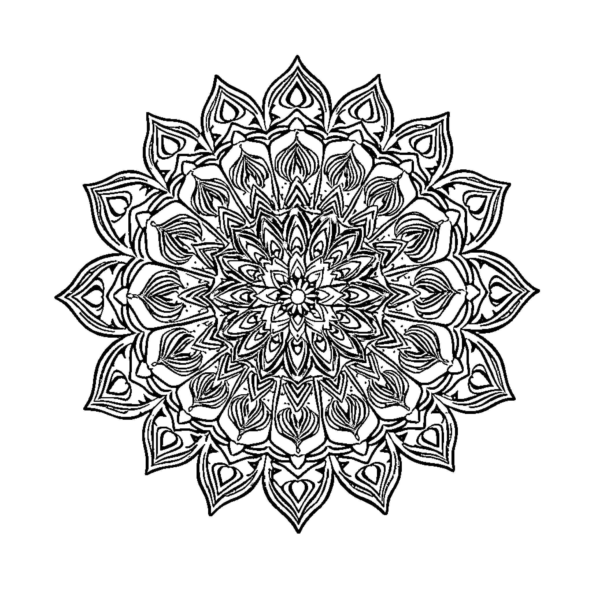 Mandala of intricate floral patterns Coloring Page (free black-and-white line drawing printable PDF for all, from beginners to advanced learners, including children, teens, adults, and seniors)