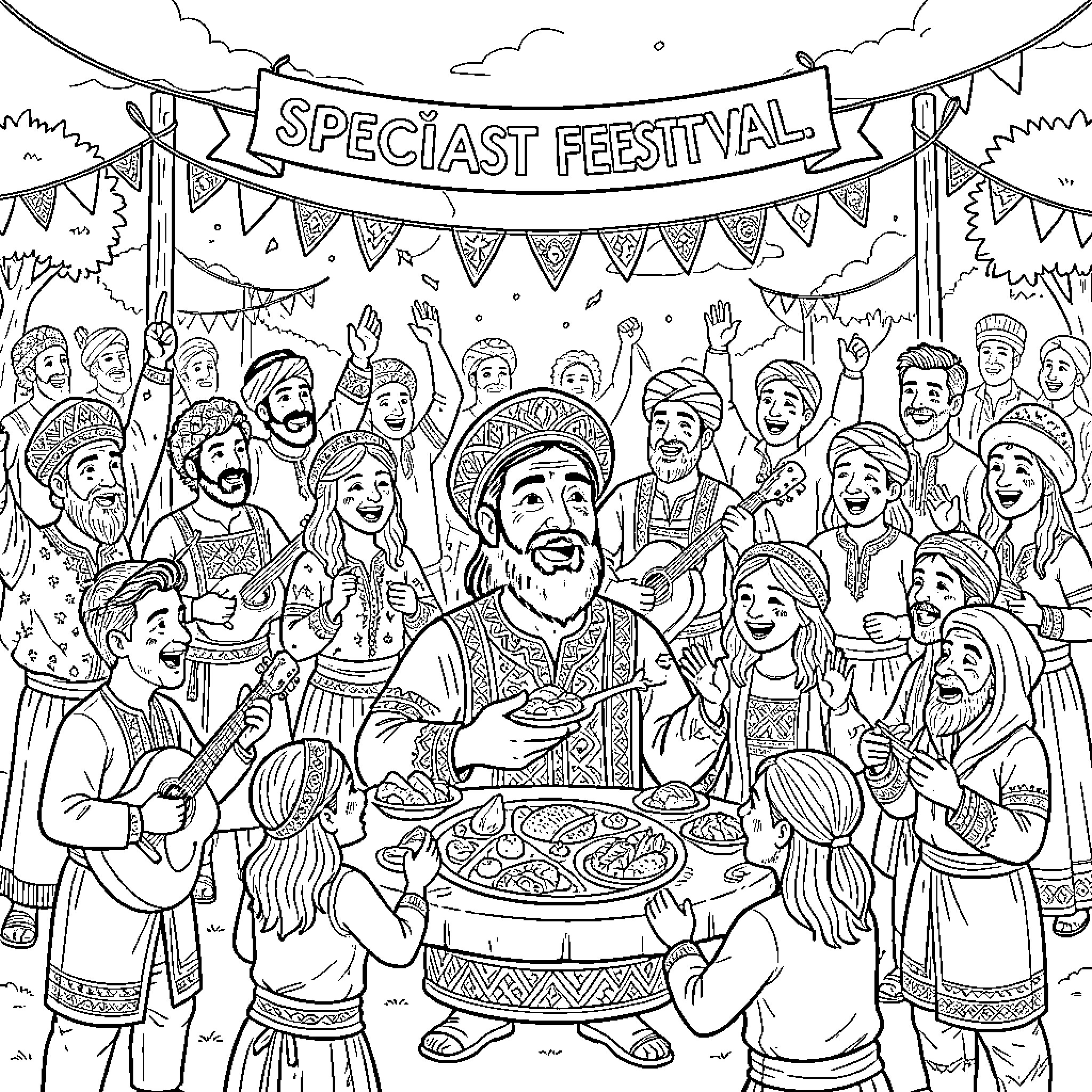 Turkey celebration with people feasting and playing music Coloring Page (free black-and-white line drawing printable PDF for all, from beginners to advanced learners, including children, teens, adults, and seniors)