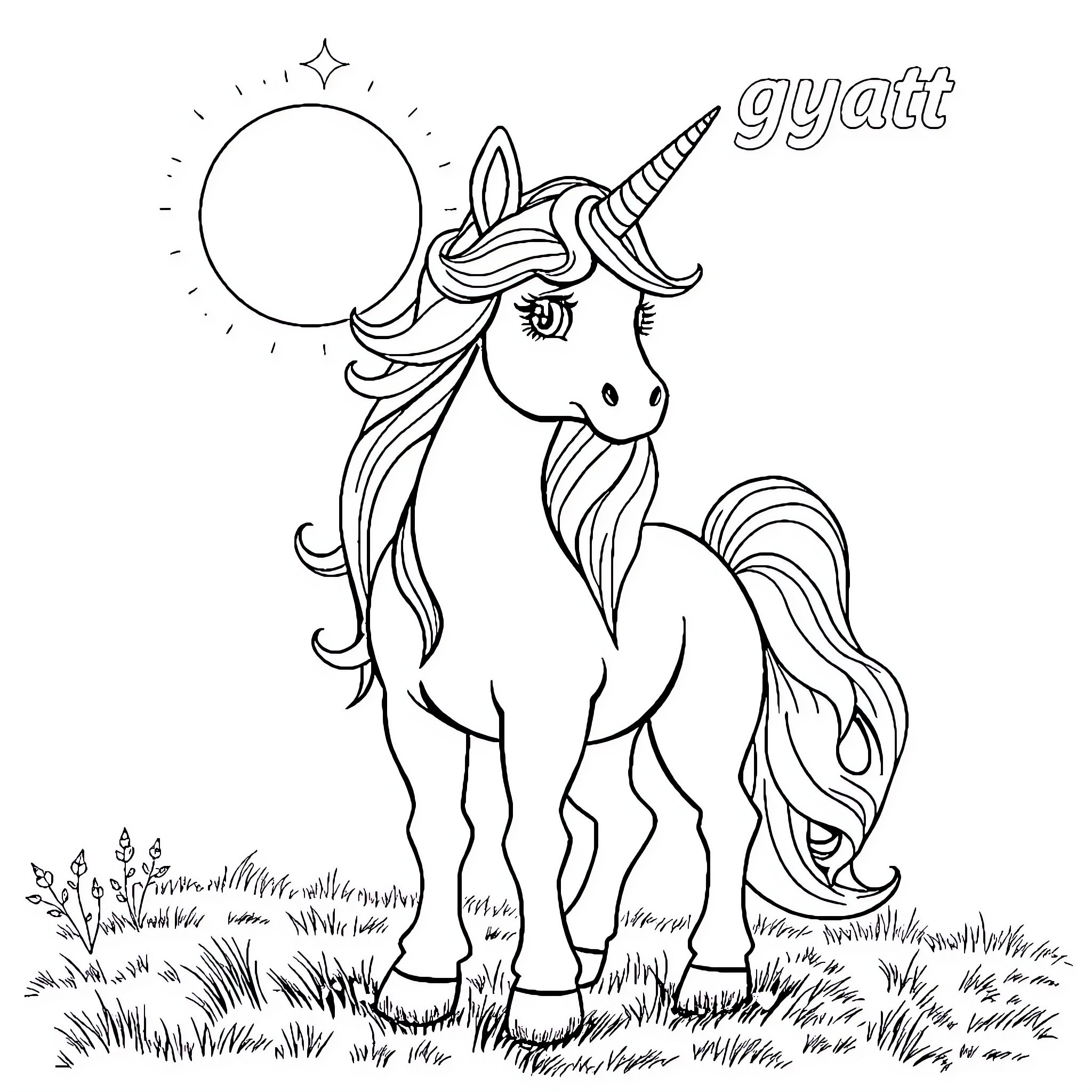 Unicorn standing in a field under the sun Coloring Page (free black-and-white line drawing printable PDF for all, from beginners to advanced learners, including children, teens, adults, and seniors)