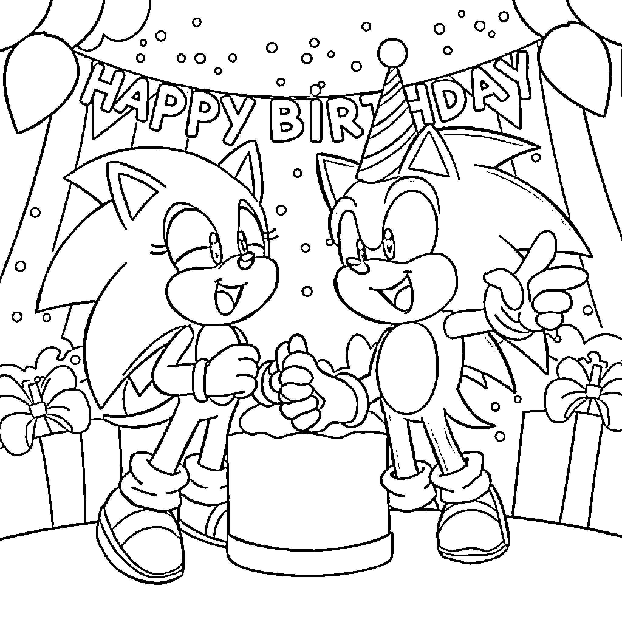 Bluey's Happy Birthday Celebration with Friends Coloring Page (free black-and-white line drawing printable PDF for all, from beginners to advanced learners, including children, teens, adults, and seniors)