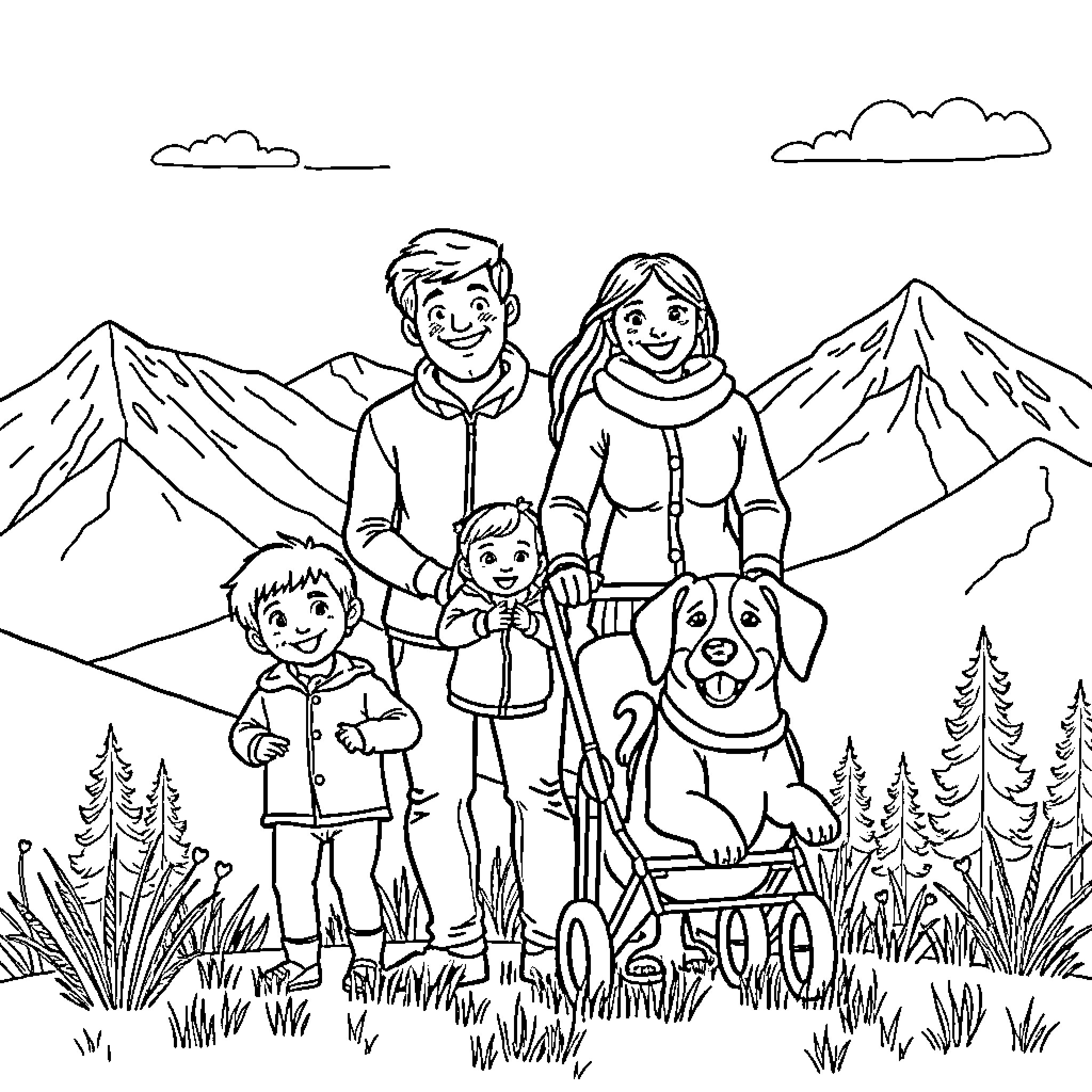 Family Hiking in the Mountains with Dog Coloring Page (free black-and-white line drawing printable PDF for all, from beginners to advanced learners, including children, teens, adults, and seniors)