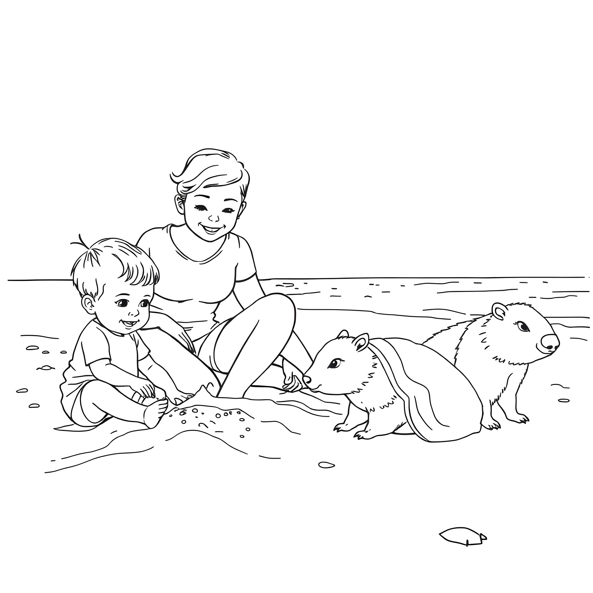 Family enjoying time together outdoors with pets Coloring Page (free black-and-white line drawing printable PDF for all, from beginners to advanced learners, including children, teens, adults, and seniors)