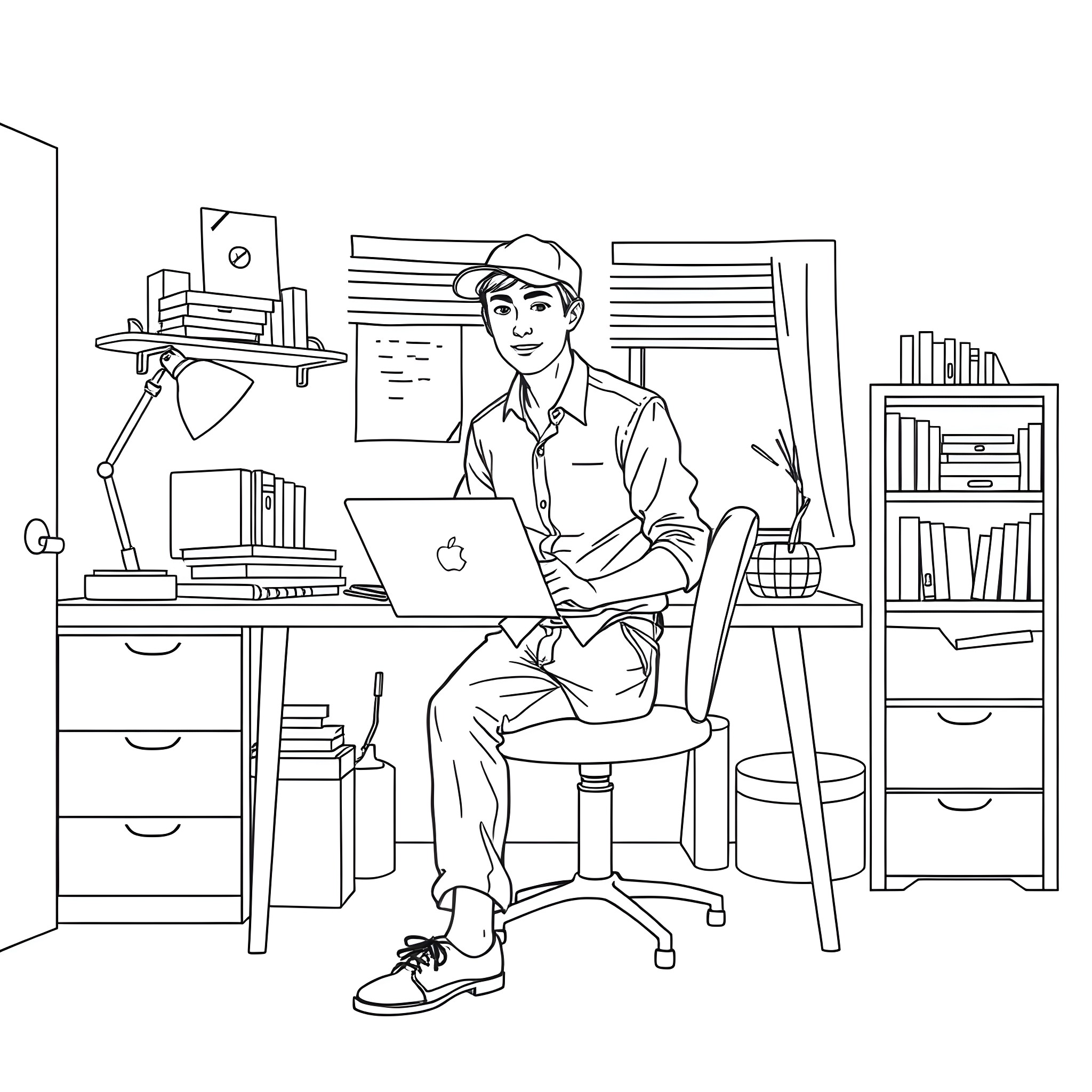 Teen Guy Working at Desktop Computer in Home Office Coloring Page (free black-and-white line drawing printable PDF for all, from beginners to advanced learners, including children, teens, adults, and seniors)