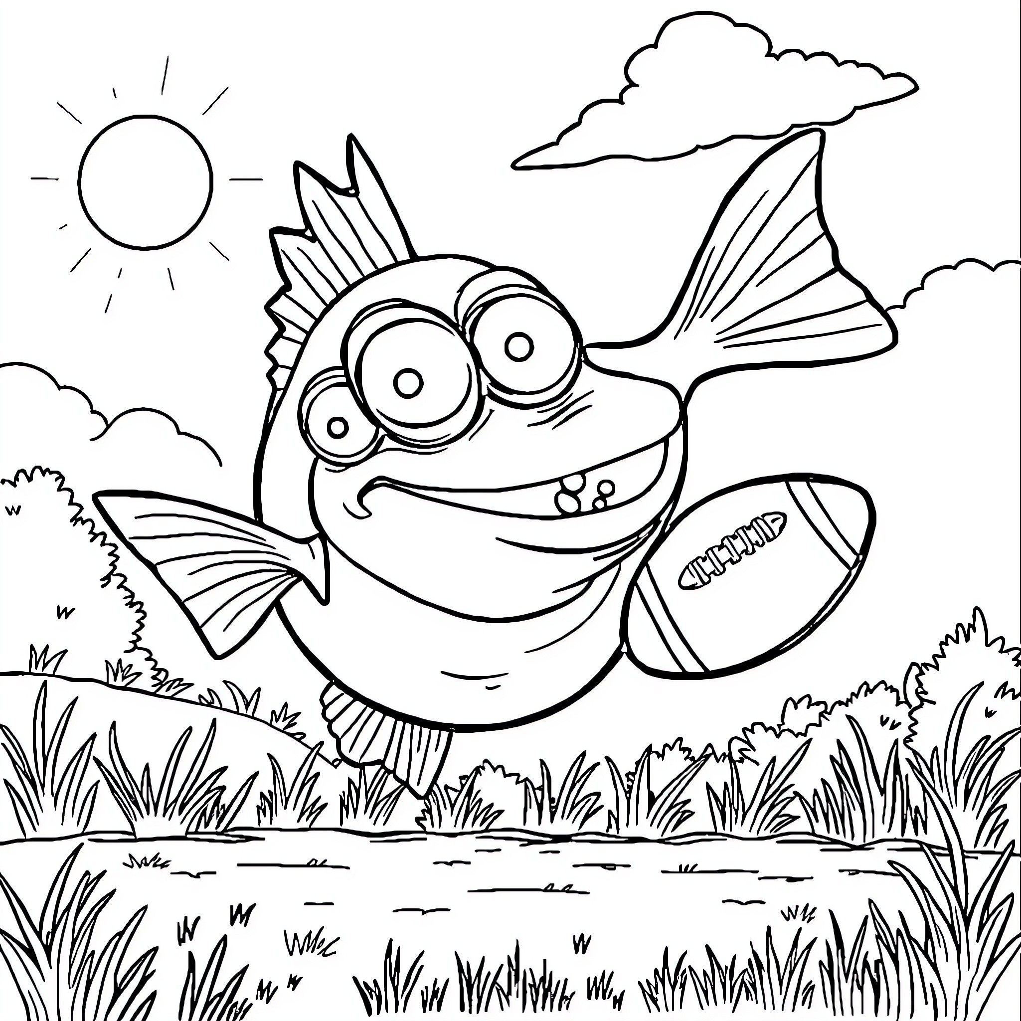 Fish with big eyes swimming happily in nature Coloring Page (free black-and-white line drawing printable PDF for all, from beginners to advanced learners, including children, teens, adults, and seniors)