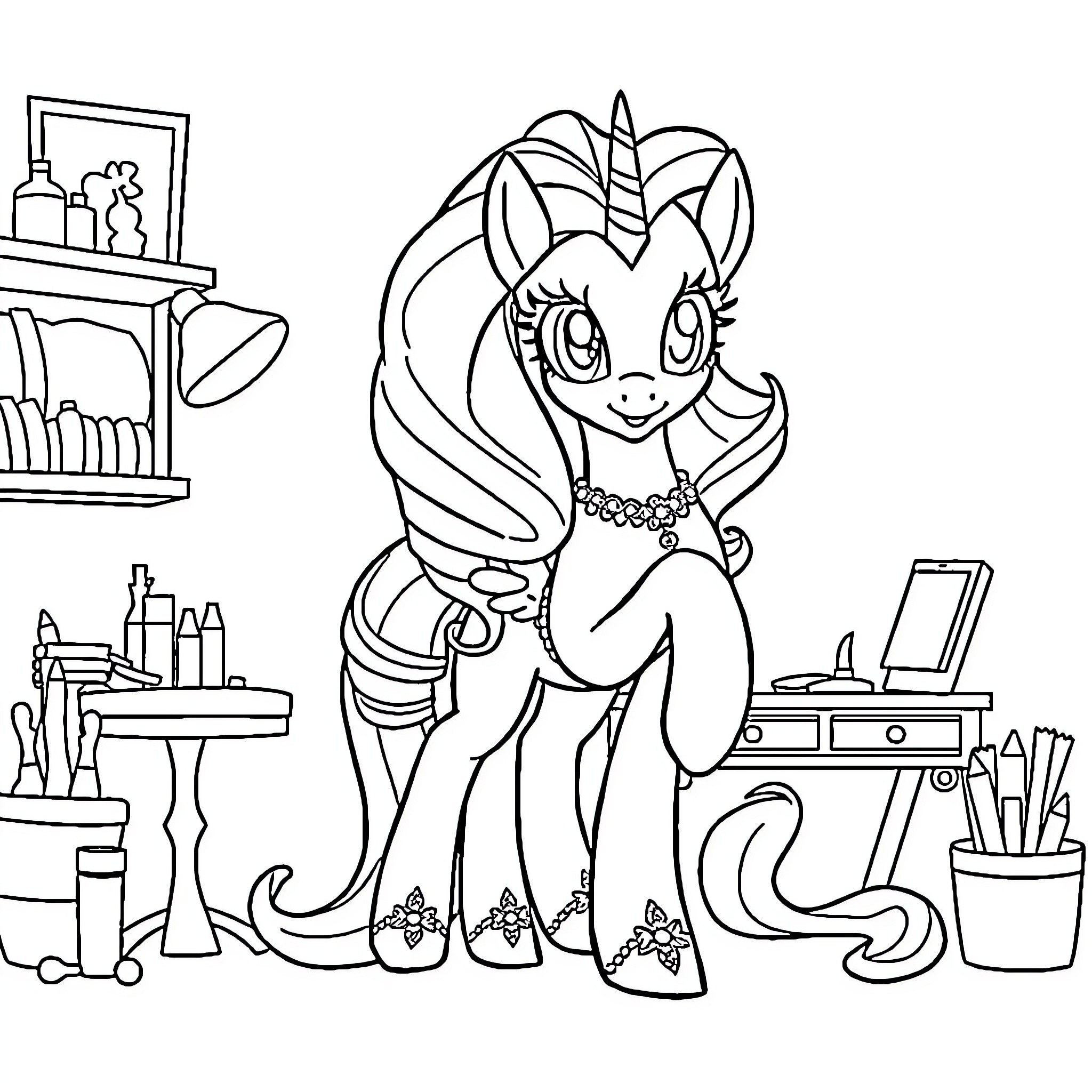 Rarity's Artistic Expression in the Creative Workspace Coloring Page (free black-and-white line drawing printable PDF for all, from beginners to advanced learners, including children, teens, adults, and seniors)