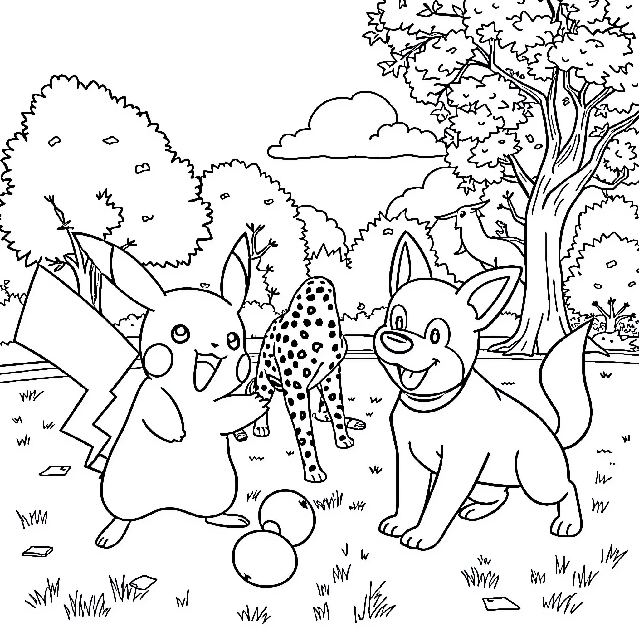 Pikachu and Friends Enjoying Nature's Wonders Coloring Page (free black-and-white line drawing printable PDF for all, from beginners to advanced learners, including children, teens, adults, and seniors)