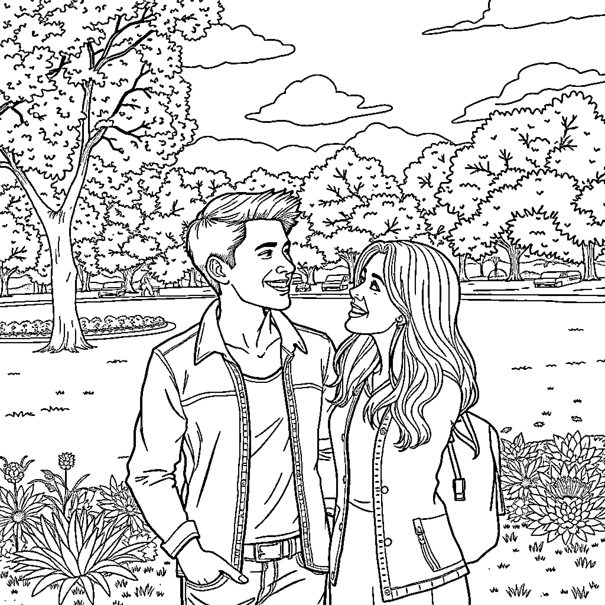 Kaine Ferron and partner enjoying nature together Coloring Page (free black-and-white line drawing printable PDF for all, from beginners to advanced learners, including children, teens, adults, and seniors)