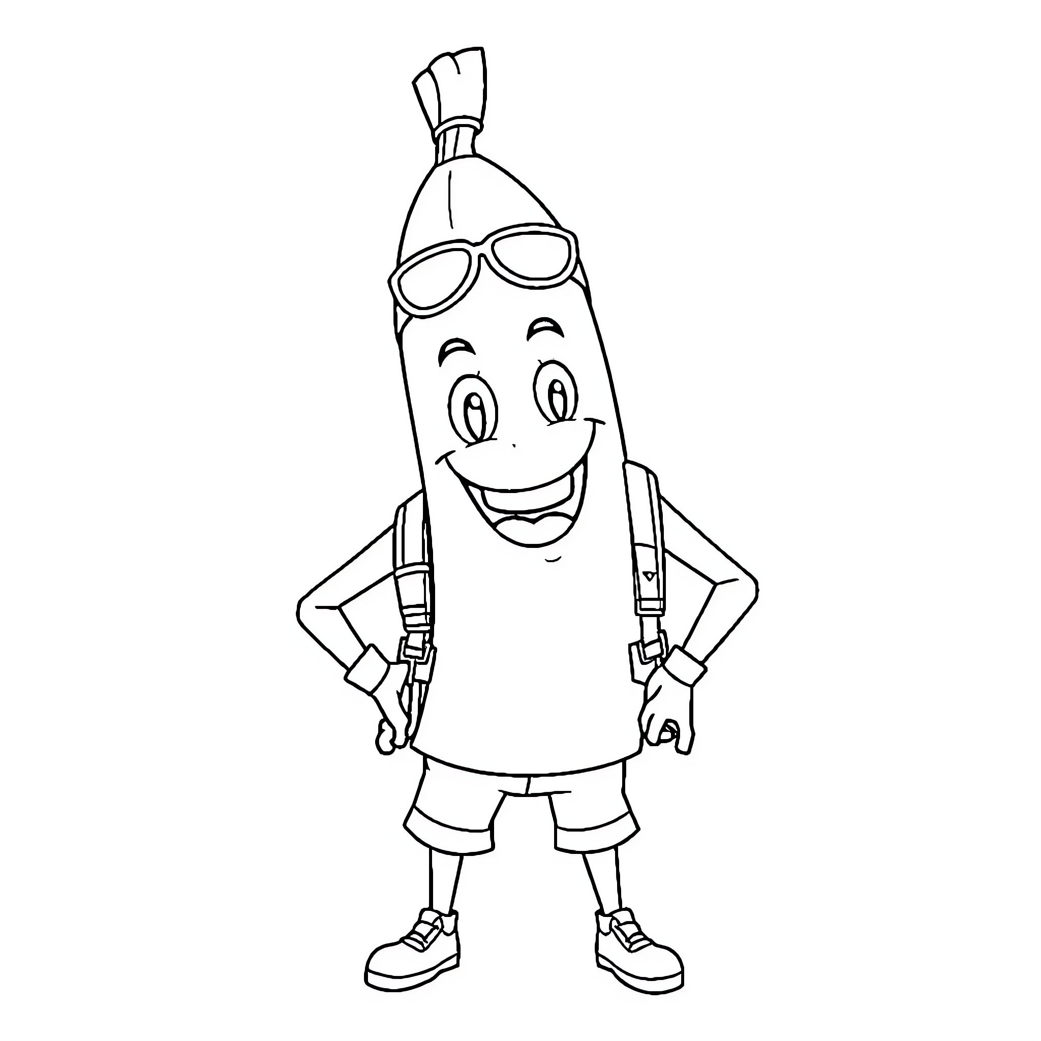 Banana character wearing sunglasses and overalls Coloring Page (free black-and-white line drawing printable PDF for all, from beginners to advanced learners, including children, teens, adults, and seniors)