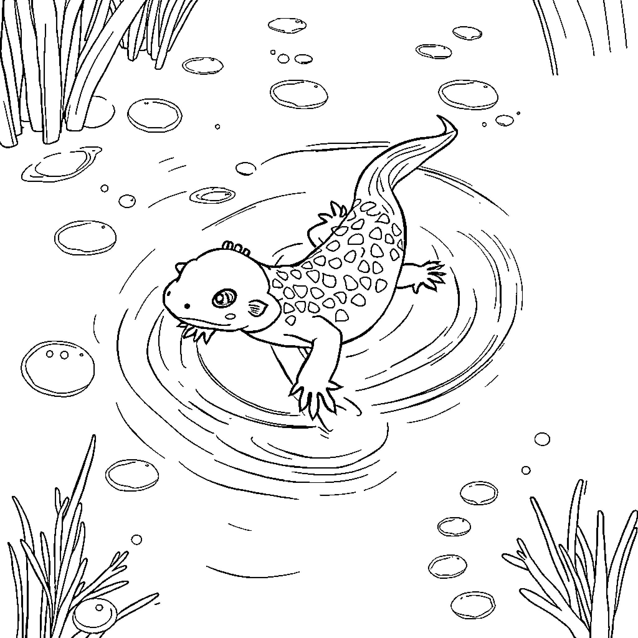 Axolotl swimming playfully in the underwater scene Coloring Page (free black-and-white line drawing printable PDF for all, from beginners to advanced learners, including children, teens, adults, and seniors)