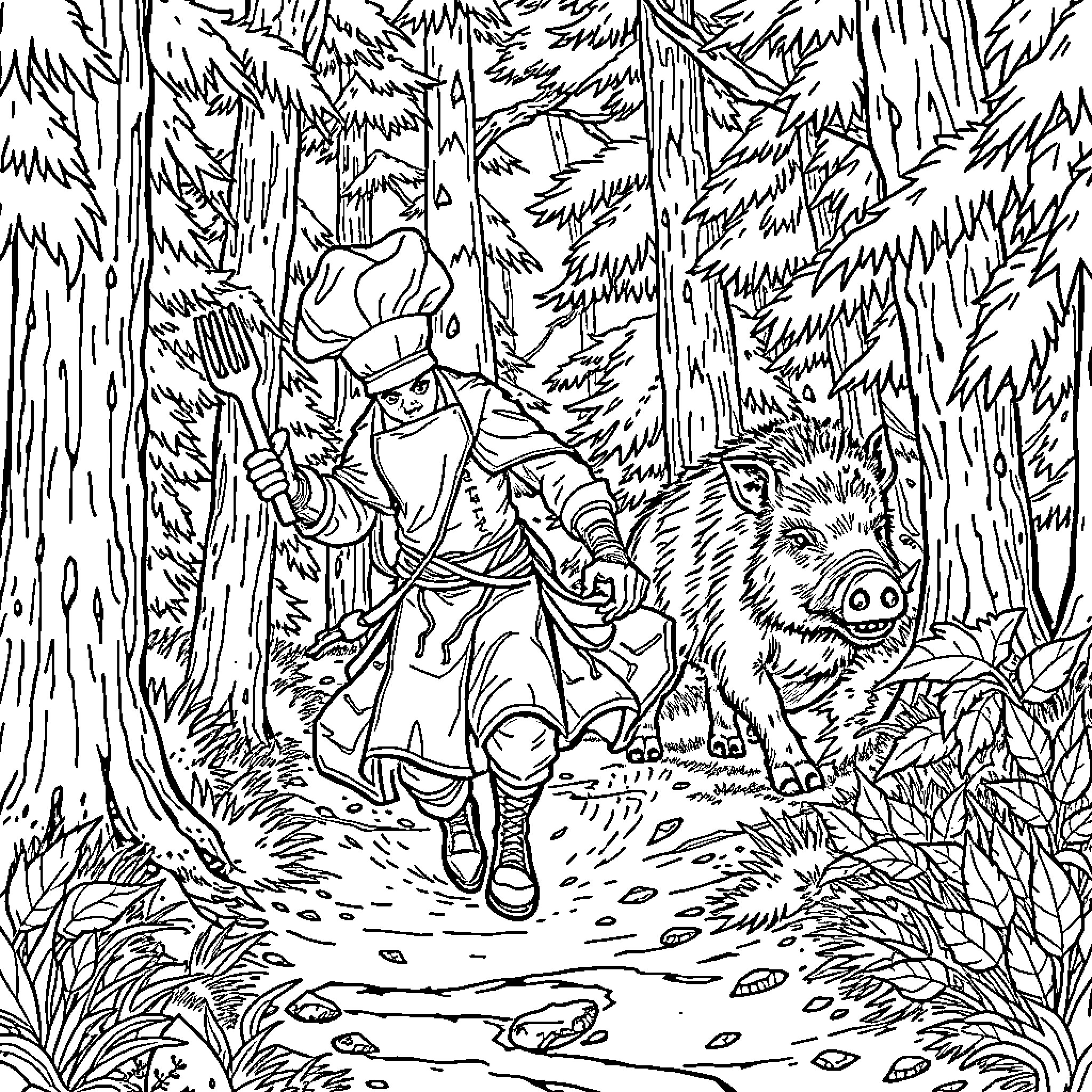 Warlock Venturing Into the Enchanted Forest with Companion Coloring Page (free black-and-white line drawing printable PDF for all, from beginners to advanced learners, including children, teens, adults, and seniors)