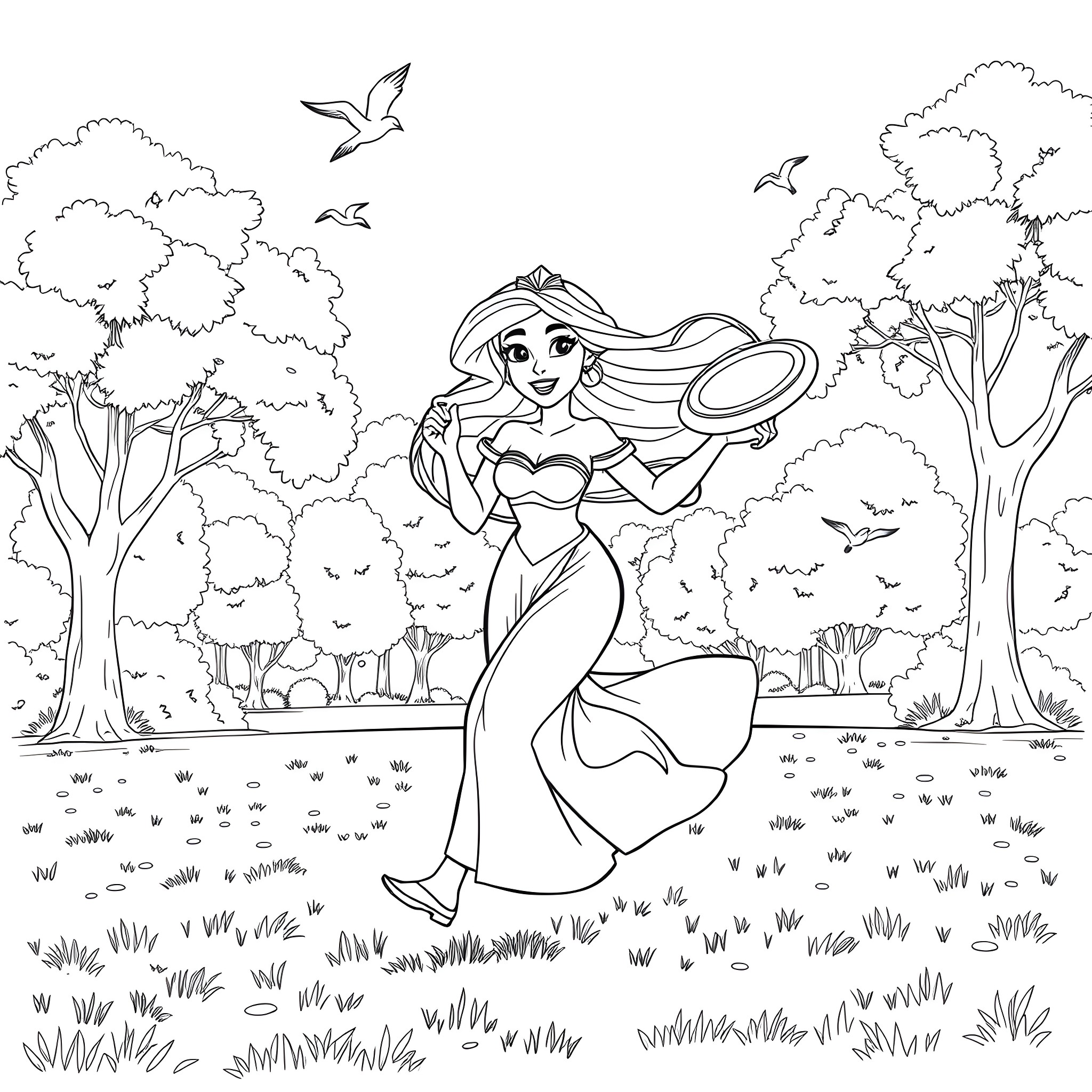 Jasmine exploring the enchanted forest Coloring Page (free black-and-white line drawing printable PDF for all, from beginners to advanced learners, including children, teens, adults, and seniors)