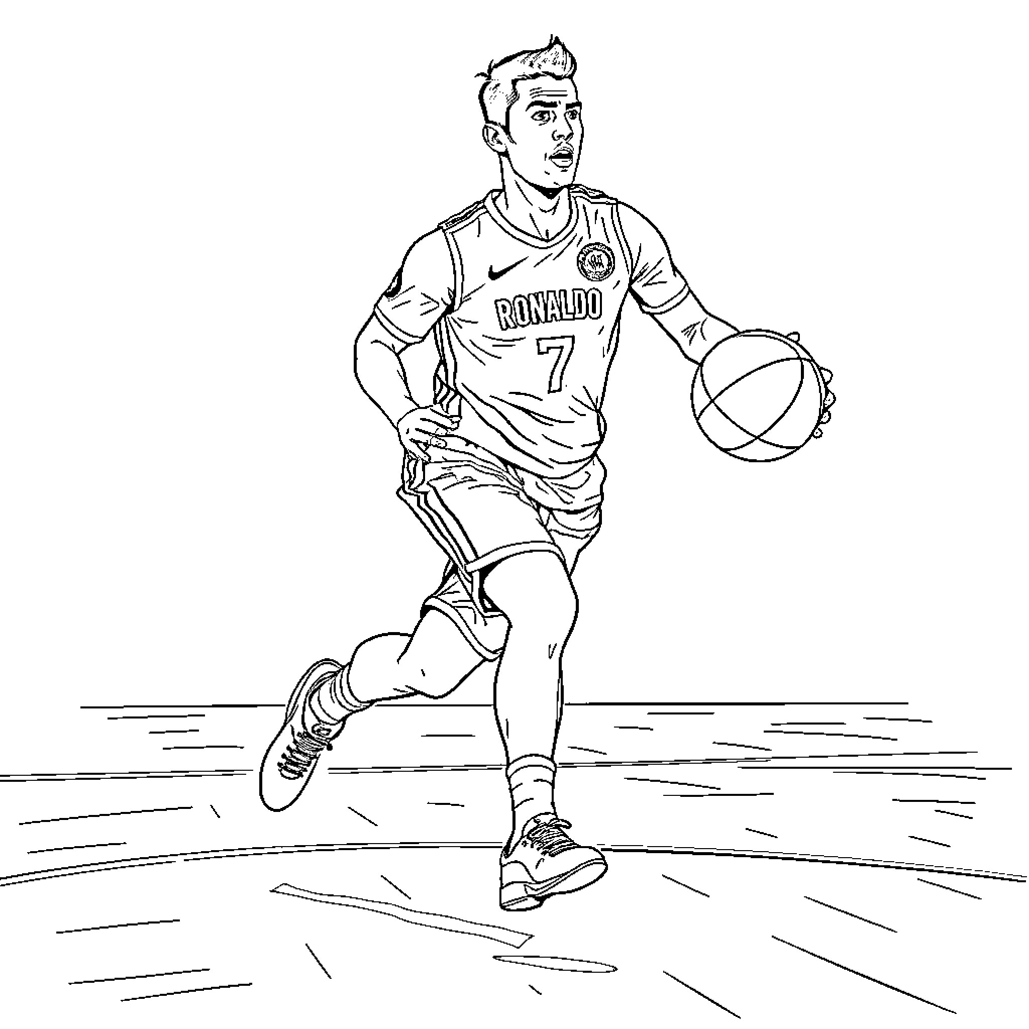 Ronaldo playing basketball with determination Coloring Page (free black-and-white line drawing printable PDF for all, from beginners to advanced learners, including children, teens, adults, and seniors)