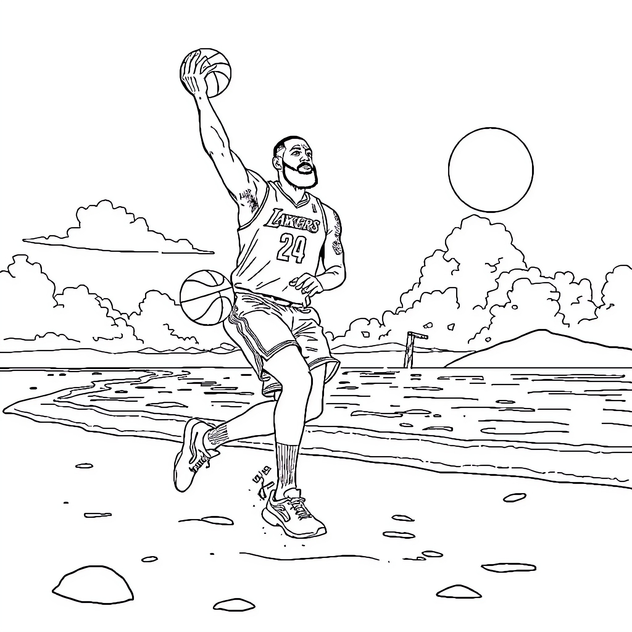 LeBron soaring for a dunk on the beach Coloring Page (free black-and-white line drawing printable PDF for all, from beginners to advanced learners, including children, teens, adults, and seniors)