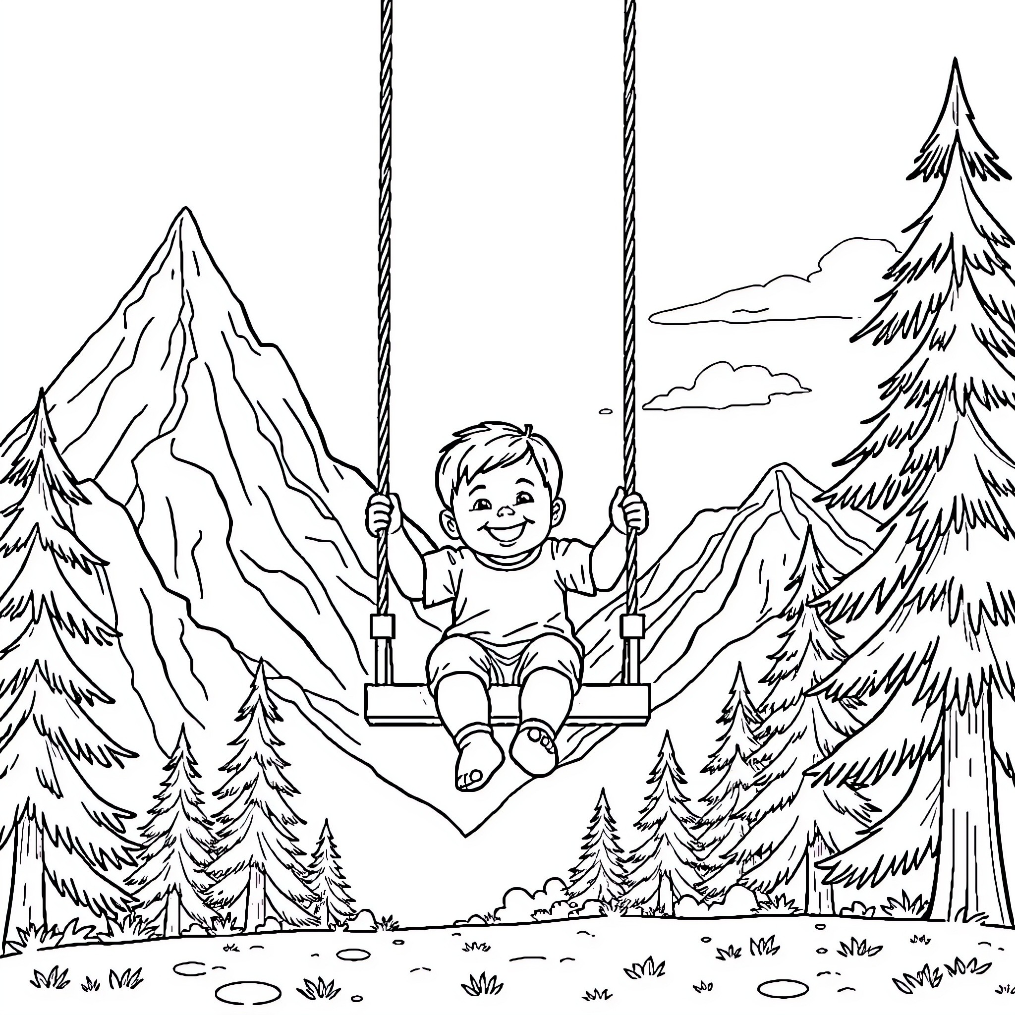 Toddler enjoying swing in the mountains Coloring Page (free black-and-white line drawing printable PDF for all, from beginners to advanced learners, including children, teens, adults, and seniors)