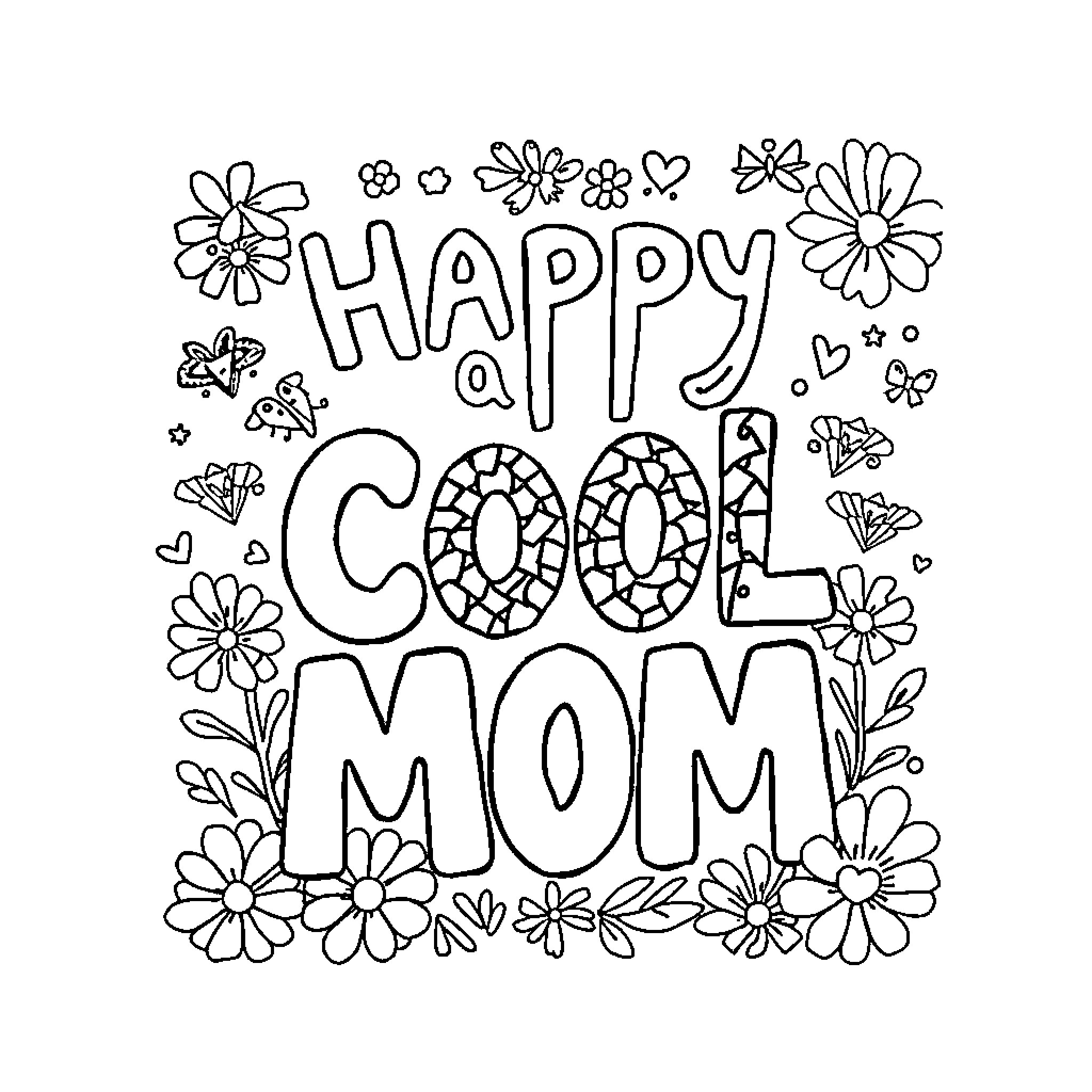 Mom's fun and colorful artistic expression Coloring Page (free black-and-white line drawing printable PDF for all, from beginners to advanced learners, including children, teens, adults, and seniors)