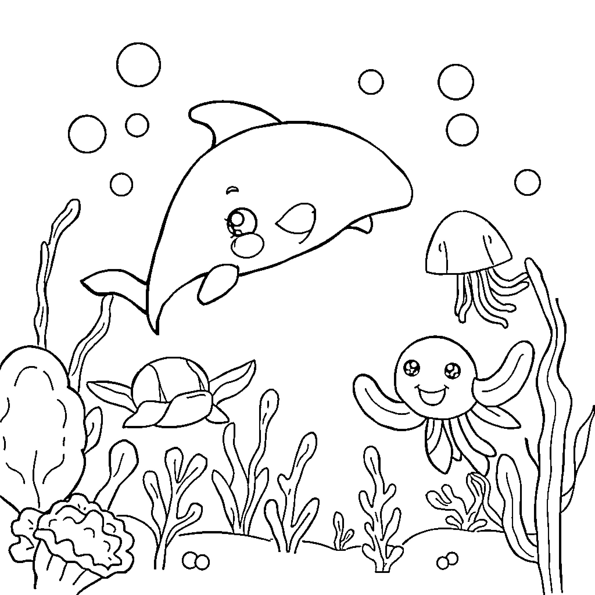 Underwater Friend Swimming with Jellyfish and Sea Plants Coloring Page (free black-and-white line drawing printable PDF for all, from beginners to advanced learners, including children, teens, adults, and seniors)