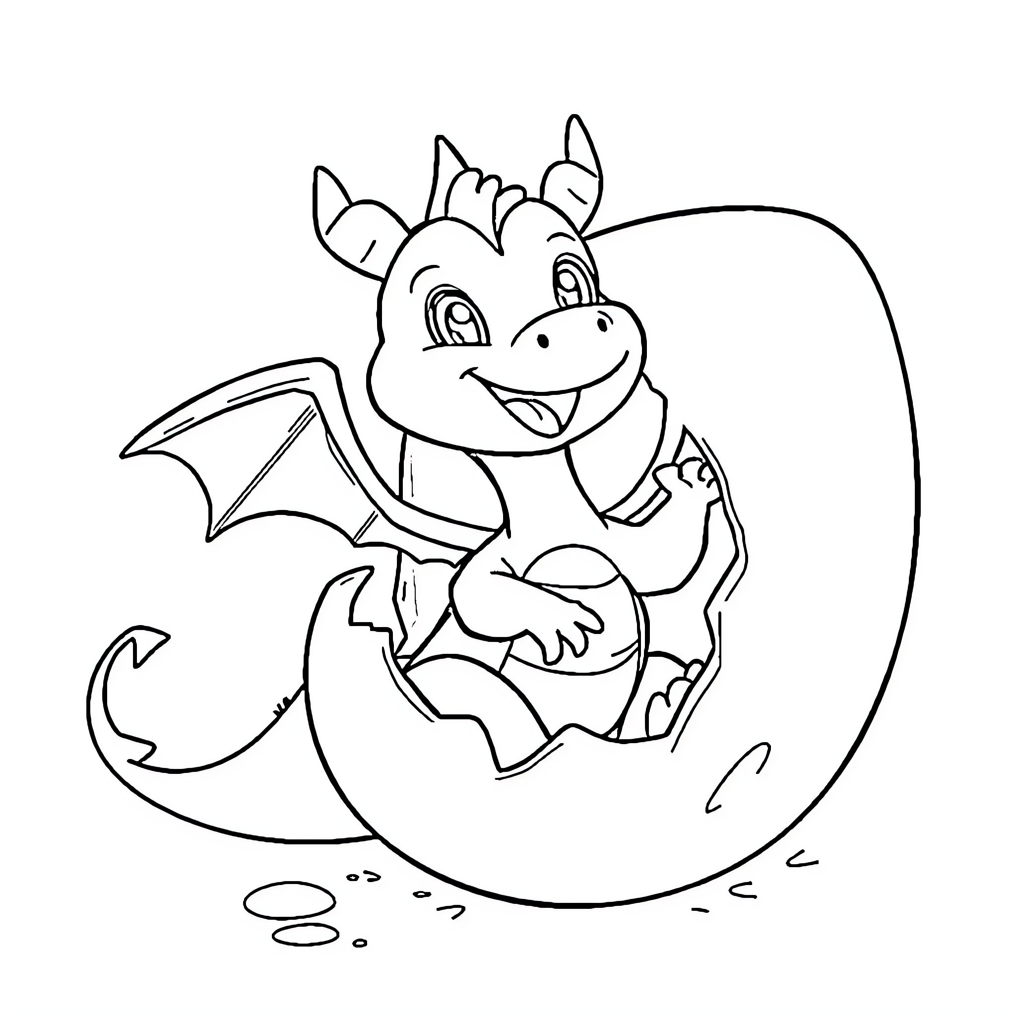 Dragon Hatchling Emerging Happily from Egg Coloring Page (free black-and-white line drawing printable PDF for all, from beginners to advanced learners, including children, teens, adults, and seniors)