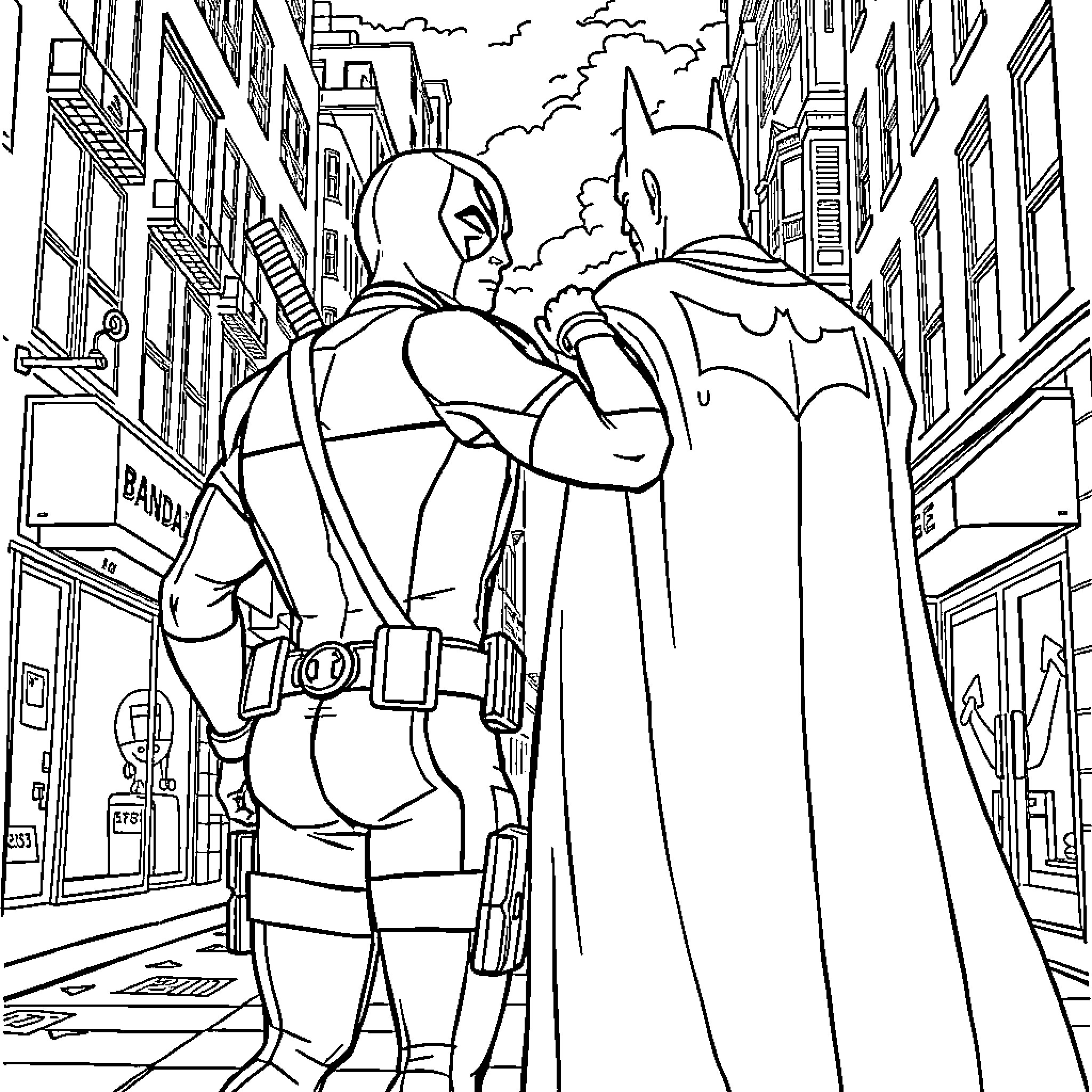 Deadpool and Batman: A Superhero Encounter Coloring Page (free black-and-white line drawing printable PDF for all, from beginners to advanced learners, including children, teens, adults, and seniors)