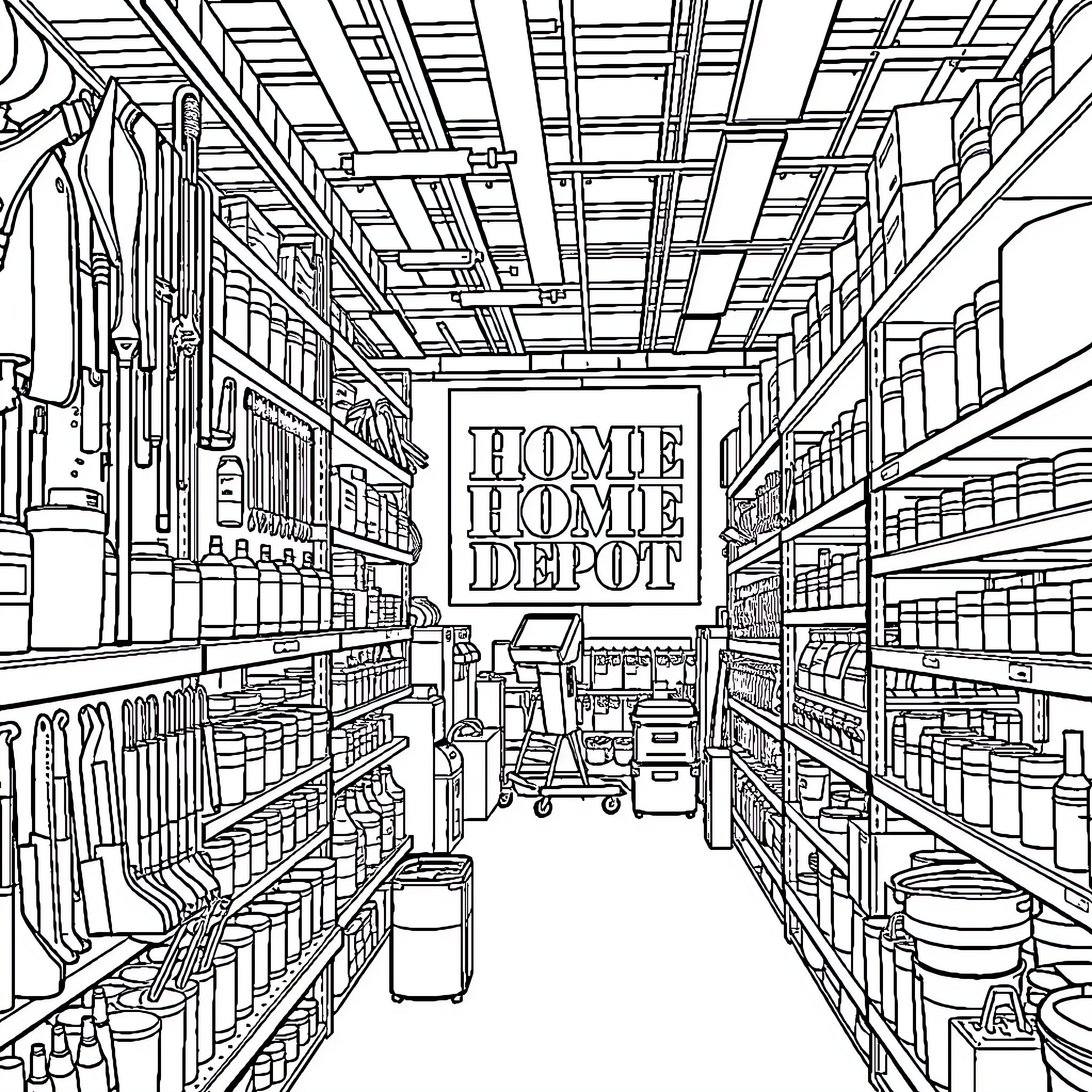 Home Depot aisle scene with merchandise and signage Coloring Page (free black-and-white line drawing printable PDF for all, from beginners to advanced learners, including children, teens, adults, and seniors)