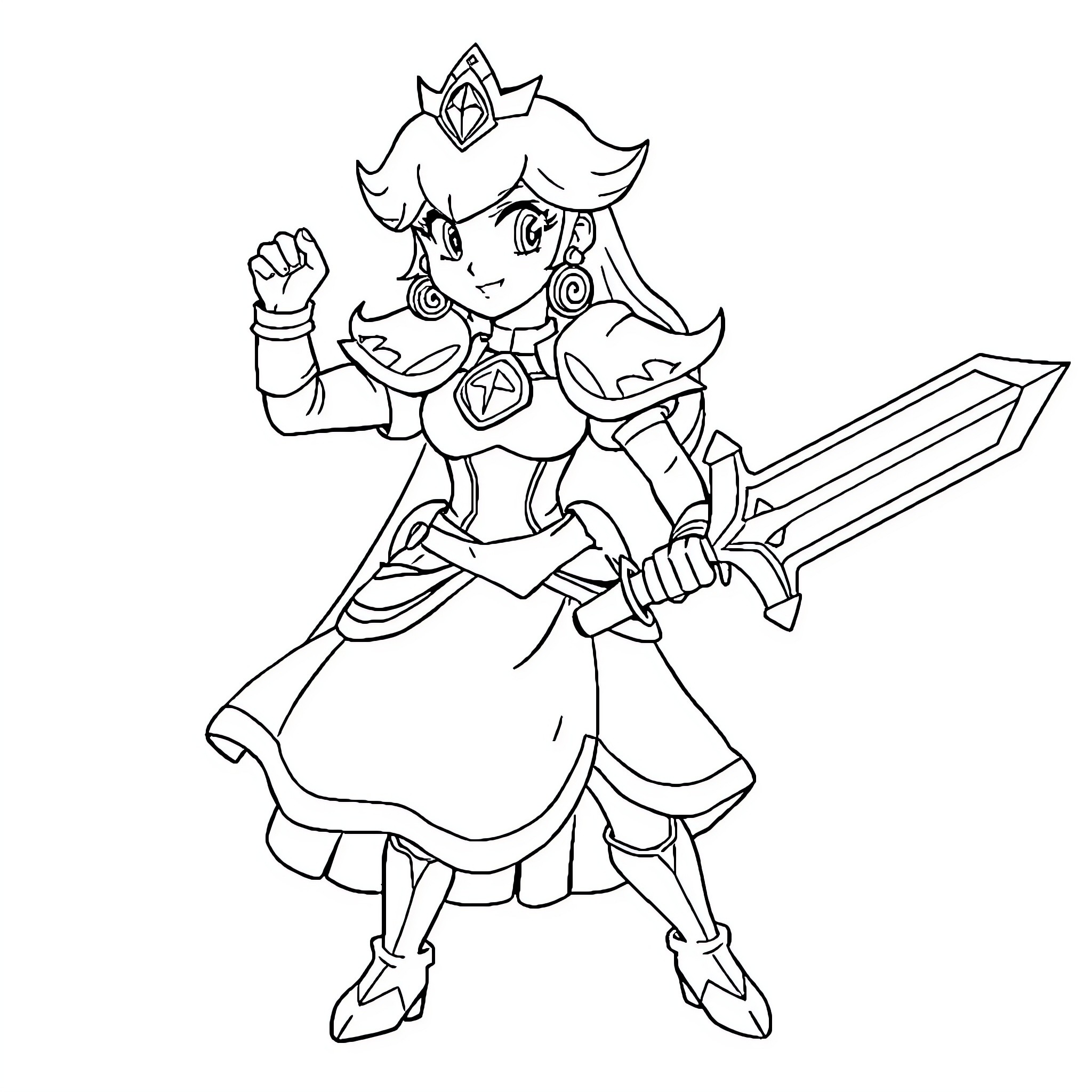 Princess Peach in Heroic Stance with Sword Coloring Page (free black-and-white line drawing printable PDF for all, from beginners to advanced learners, including children, teens, adults, and seniors)