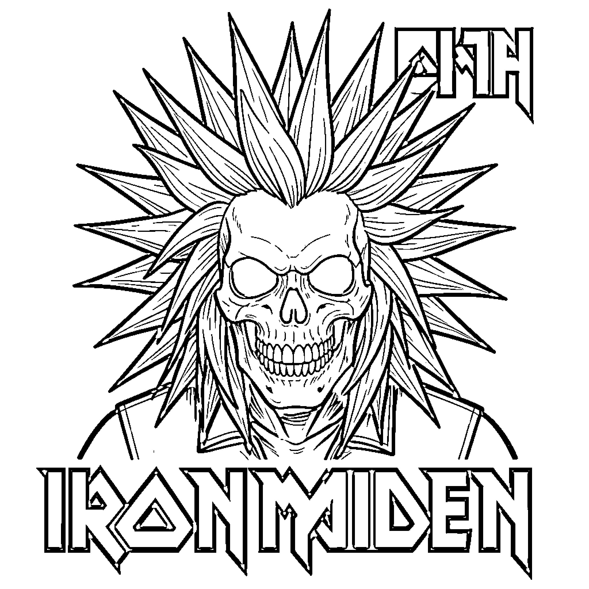 Eddie's Intense Punk Rock Skull Imagery Coloring Page (free black-and-white line drawing printable PDF for all, from beginners to advanced learners, including children, teens, adults, and seniors)