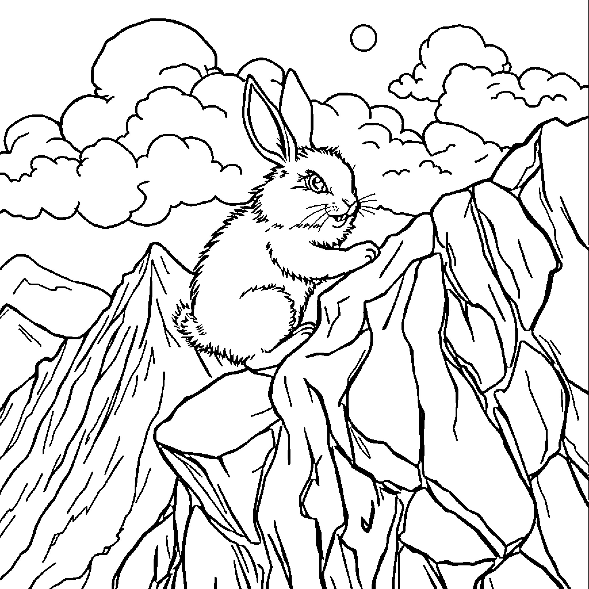 Rabbit exploring rocky mountain landscape Coloring Page (free black-and-white line drawing printable PDF for all, from beginners to advanced learners, including children, teens, adults, and seniors)