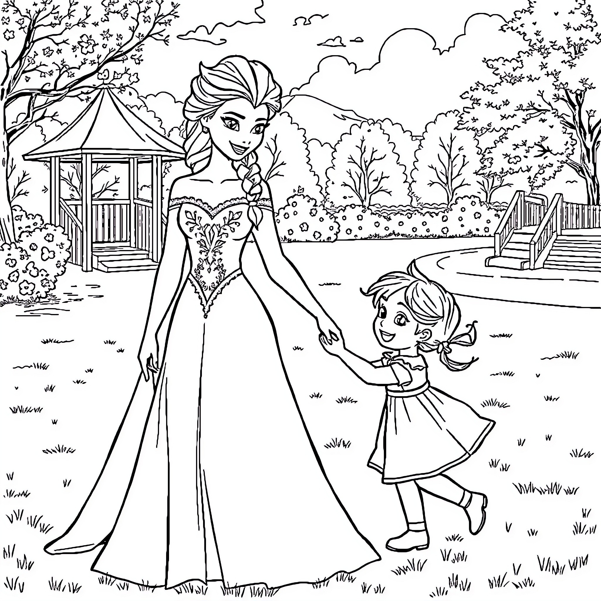 Elsa and Anna Explore the Enchanted Garden Coloring Page (free black-and-white line drawing printable PDF for all, from beginners to advanced learners, including children, teens, adults, and seniors)